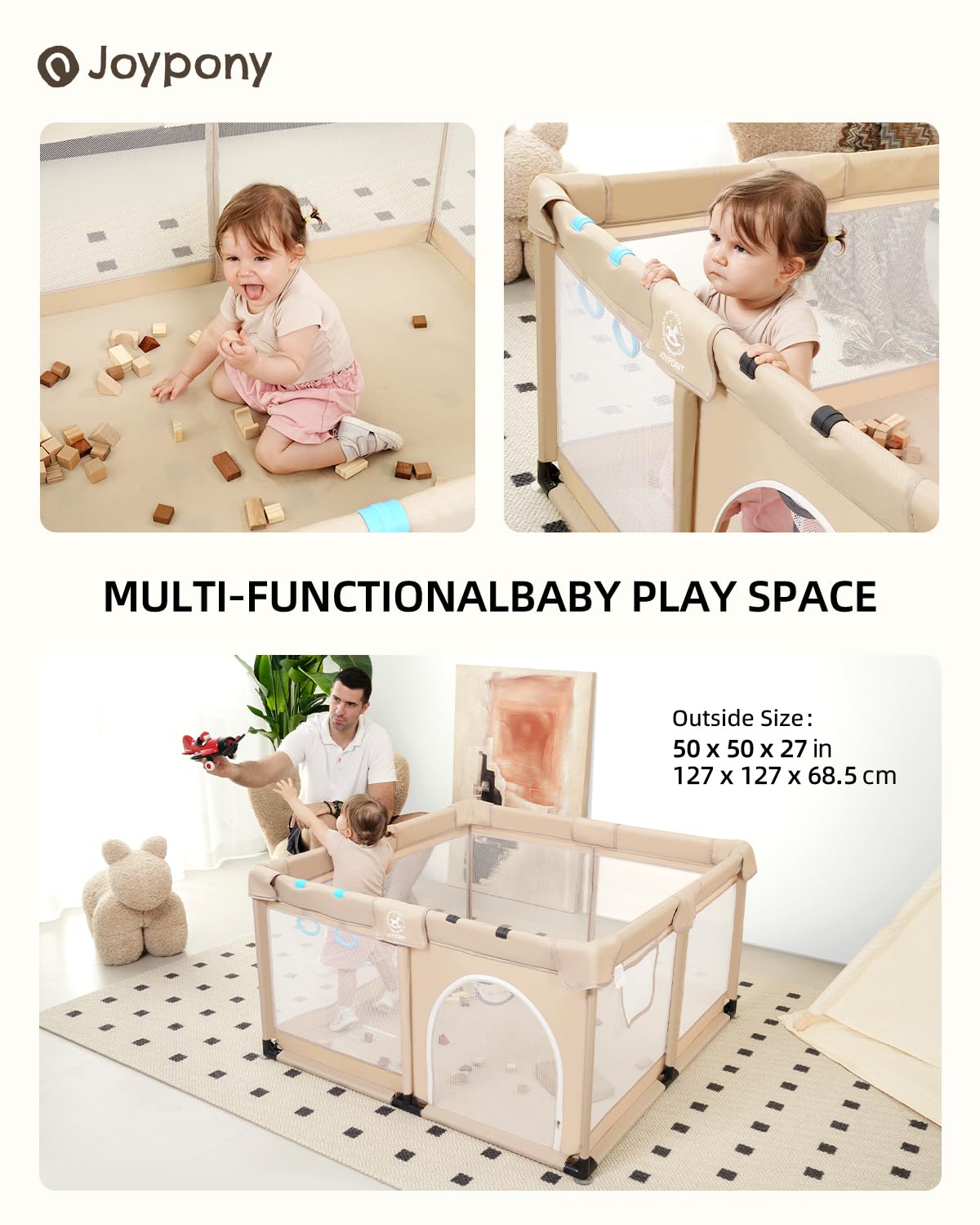 Joypony Baby Playpen, 50x50 in Small Play Pen for Babies and Toddlers, Playpen for Kids with Gate, Indoors Play Yard with Soft Breathable Mesh (Beige)