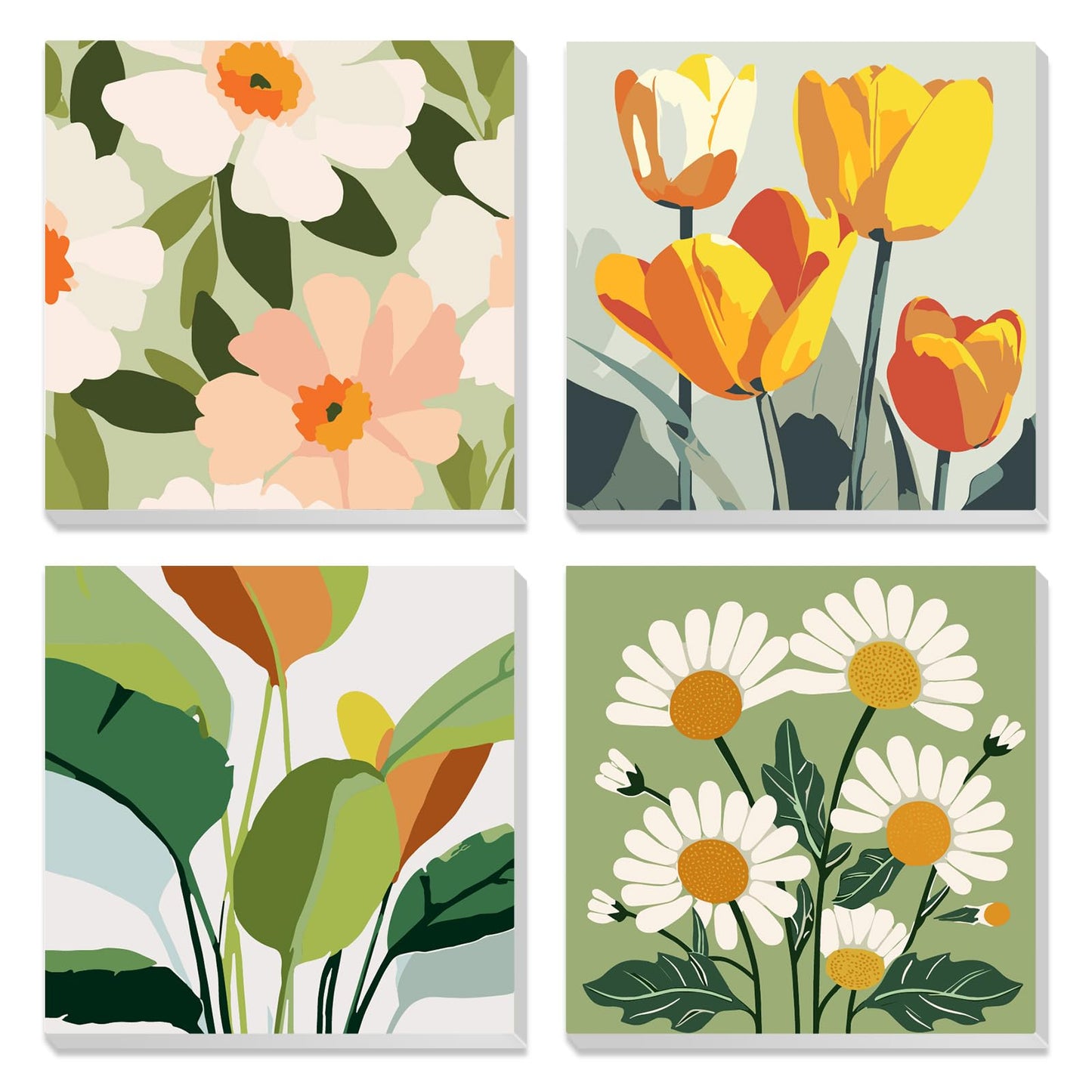 MXJSUA 4 Pack Flowers Green Plant Framed Paint by Numbers Kit with Canvas for Adults Beginner, DIY Acrylic Oil Painting Kits with Brushes for Home Wall Decor Gift (8x8 inch)