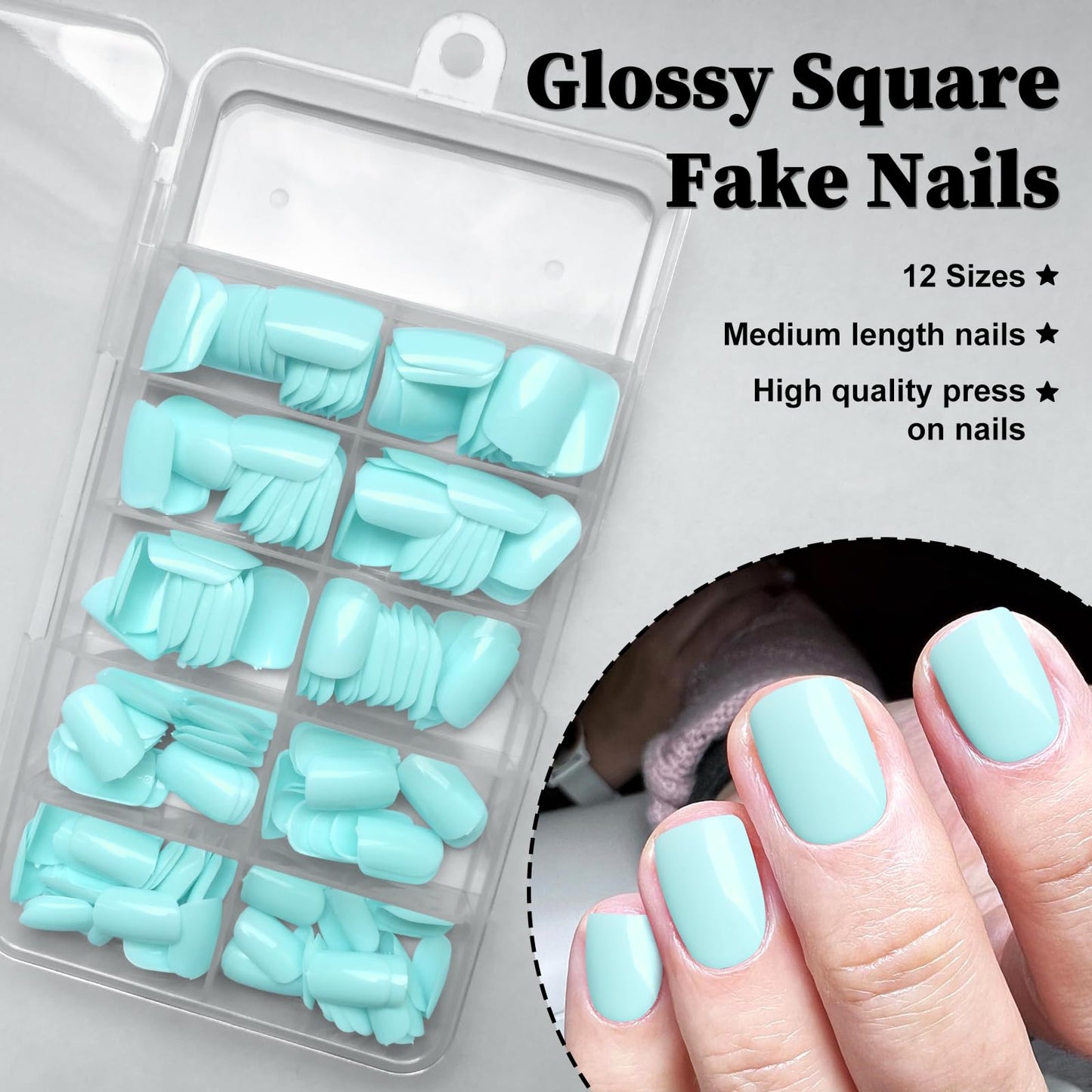 LuckForever Short Press on Nails 240pc Glossy Mint Blue Press on Nails Short Square Round Fake Nails Full Cover 10 Sheets Nail Adhesive Tabs,Small Wooden Sticks and Nail Files False Nails for Women