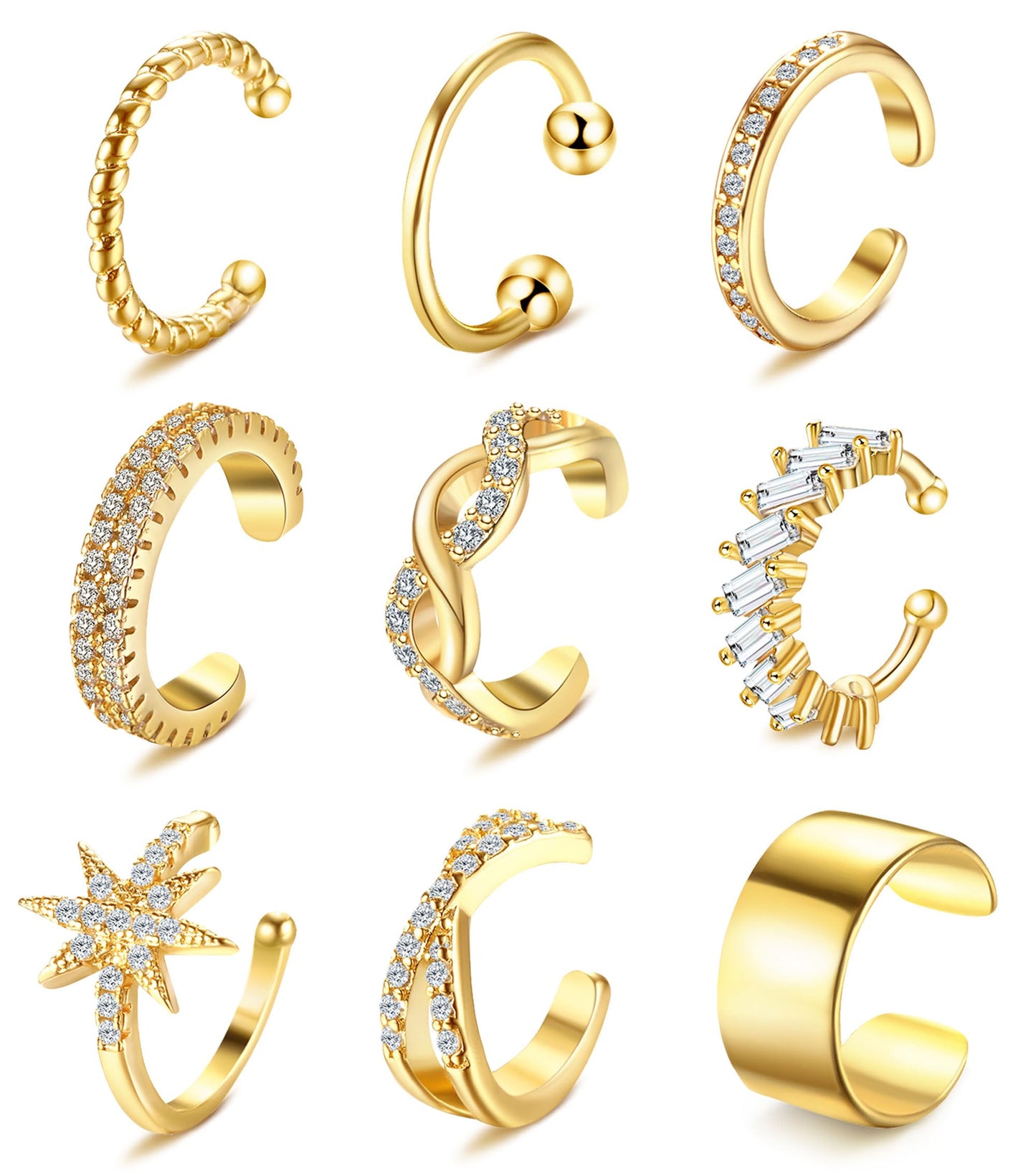 Dochais 9Pcs Ear Cuff 14K Gold Plated Cuff Earrings Gold Ear Cuffs Non Pierced Ear Clips Cartilage Earring Fake Earrings Gold