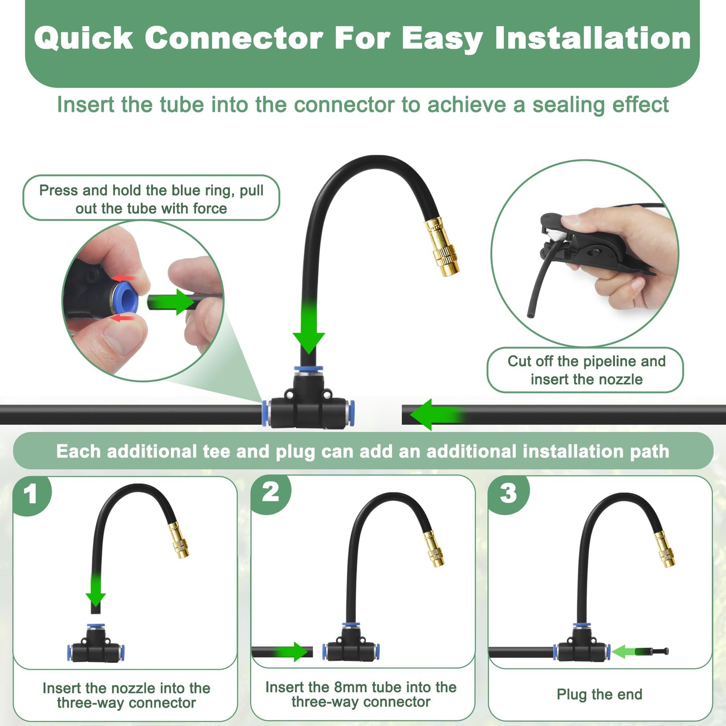 Quibbay 360° Adjustable Drip Irrigation System Kit, 32.8FT Automatic Garden Watering System with 10 Copper Nozzles, Atomizing Misting Watering System with 360° Bending Dropper for Plant Lawn Patio