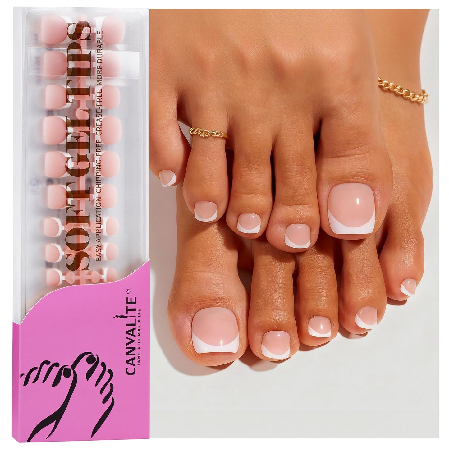 Canvalite Press on Toenails for Women, Big Toe Nail Press ons French Tip Fake Toenails with Glue, Reusable Home DIY Pedicure Set, 16 Sizes