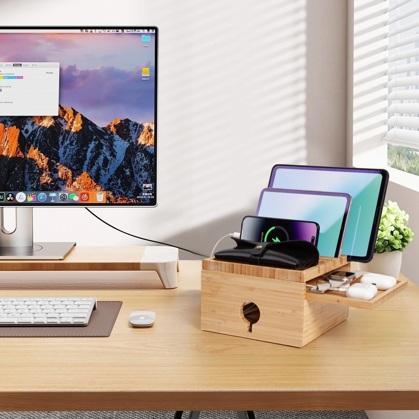 PERFECYEE Bamboo Charging Station for Multiple Devices, Desktop Charger Organizer with Small Tray, Compatible with Cell Phone, Tablet, Earphones (with 5-Cable, No USB Charger)