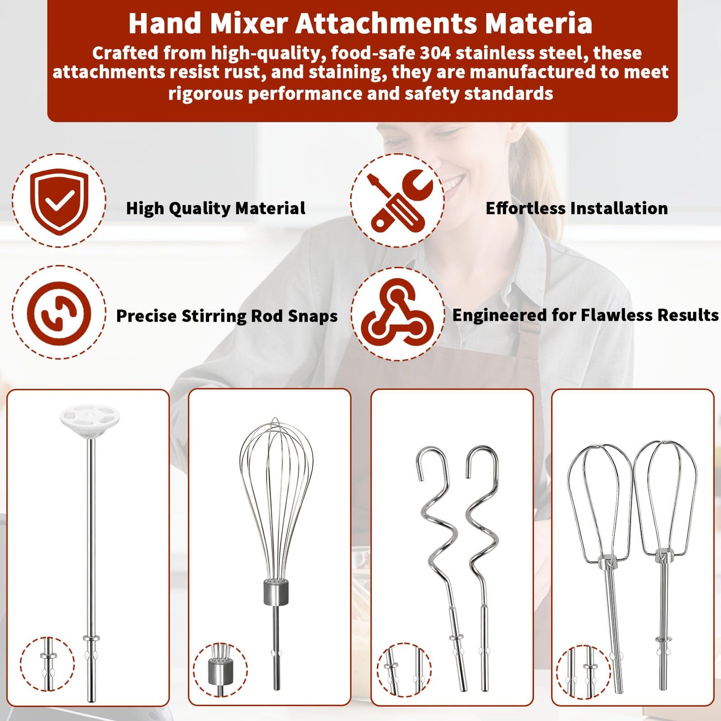 Hand Mixer Beaters Attachments for KitchenAid KHM512 KHM6118 KHM7210 KHM926, Including Turbo Beater, Pro Whisk, Dough Hooks, Blending Rod, Set of 6
