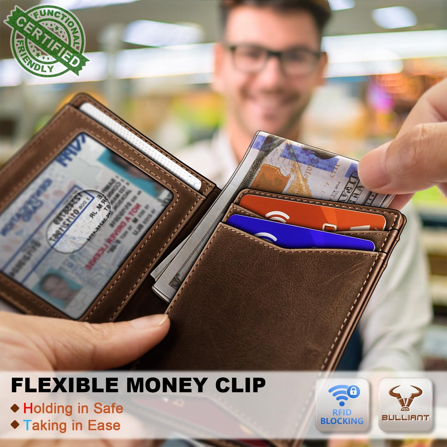 BULLIANT Men Wallet,Top Grain Leather Slim Wallet Magnetic Closure Simplifed Bill Folder RFID Blocking 11Cards