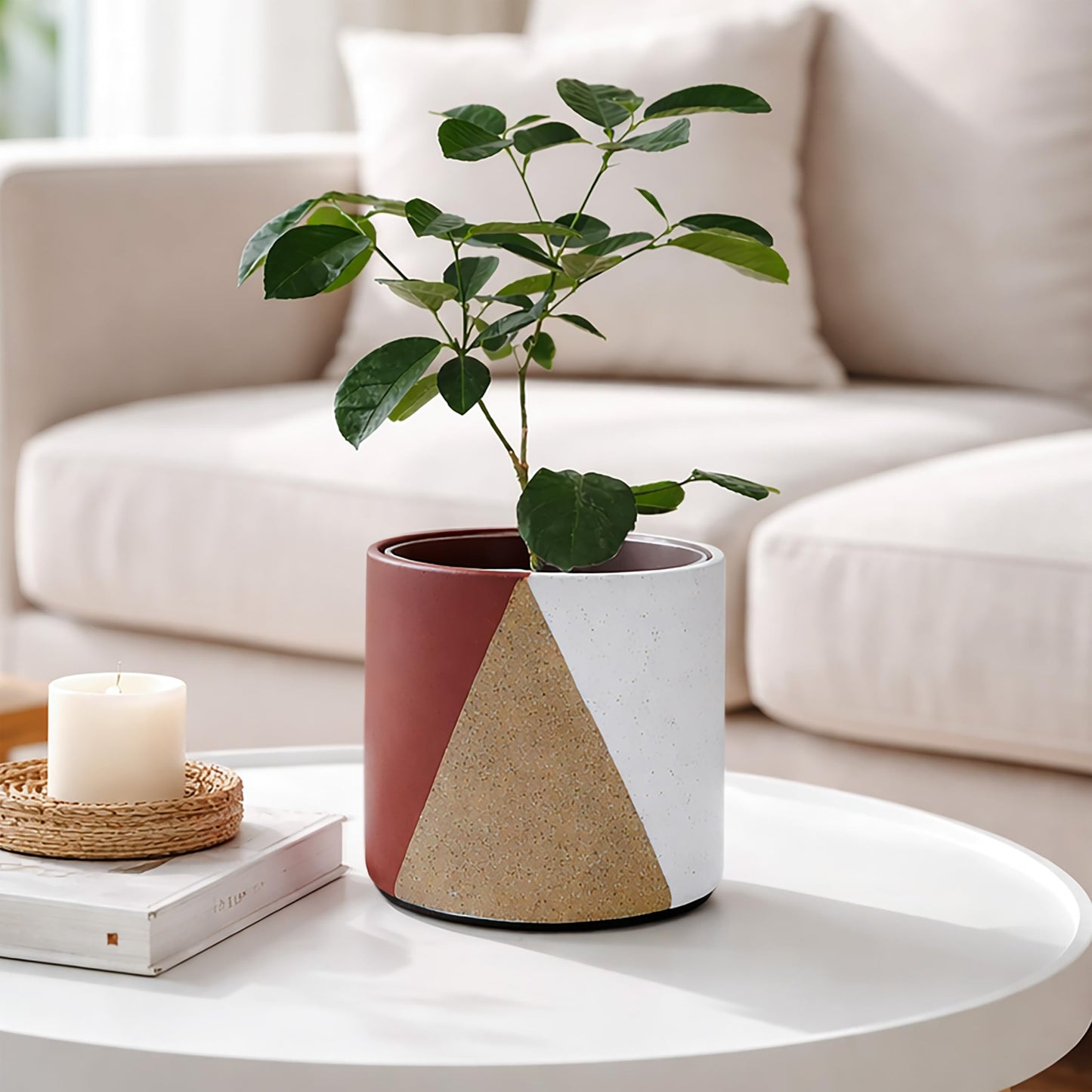 D'vine Dev 6.5" Stoneware Cachepot Planter with 6" Low Clear Nursery Pot & Detachable Saucer – Modern Indoor Plant Pot with Drainage for Bottom Watering & Root Visibility, Crimson Dune, 93-O-C-4