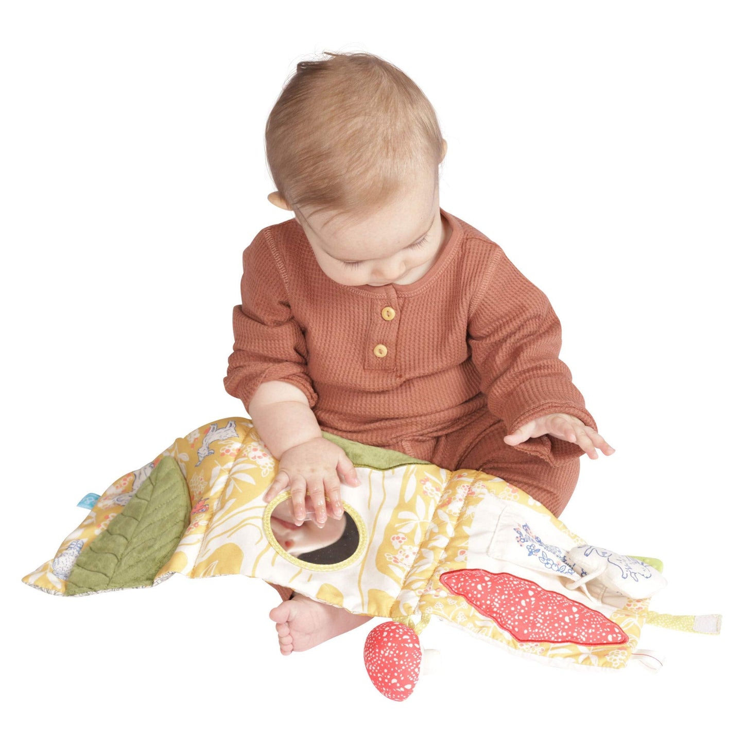 Manhattan Toy Deer One Soft Activity Crinkle Book & Fold Out Pat Mat for Baby, Toddler with Squeaker, Discovery Mirror and Teether