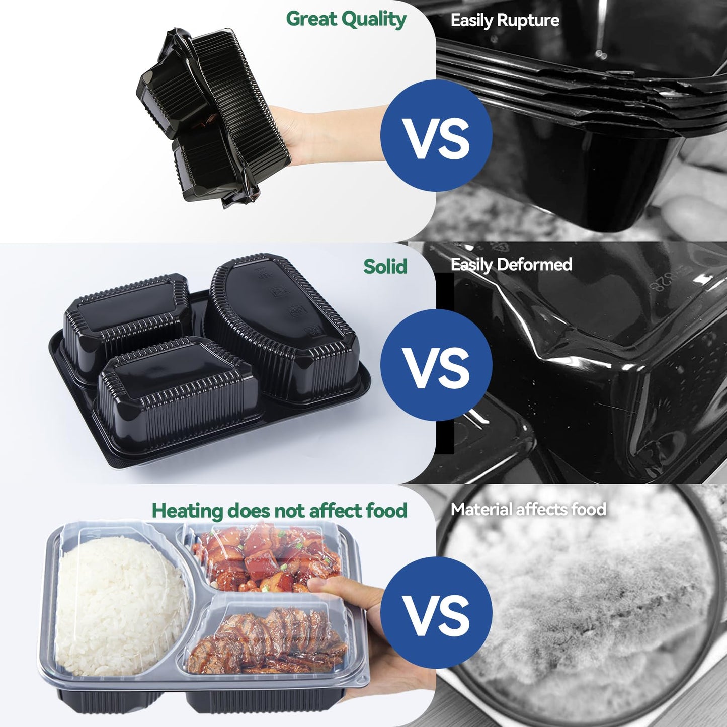 EKOSAVOR Take Out Containers 38 oz 40 Pack - Shrink Wrapped 3 Compartment Leakproof Catering | BPA Free PP Plastic Microwave & Freezer Safe | Flexible Reusable Commercial Black Lunch Boxes with Lid
