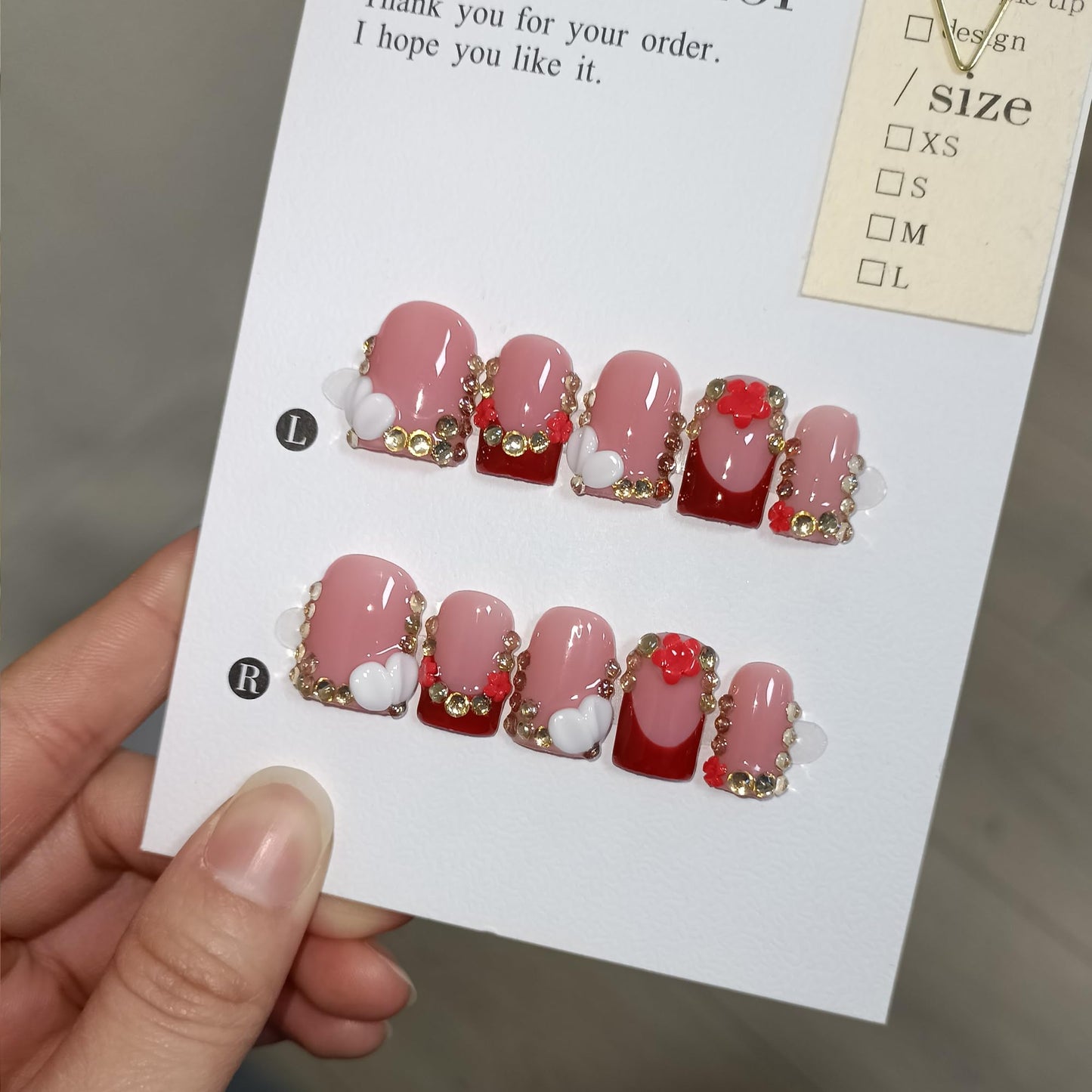 TENPAL Short Squoval Press on Nails - Red French Tip with Rhinestone Edge & Floral | Nude Pink Glossy Fake Nails | Clean Girl Manicure Set(M)