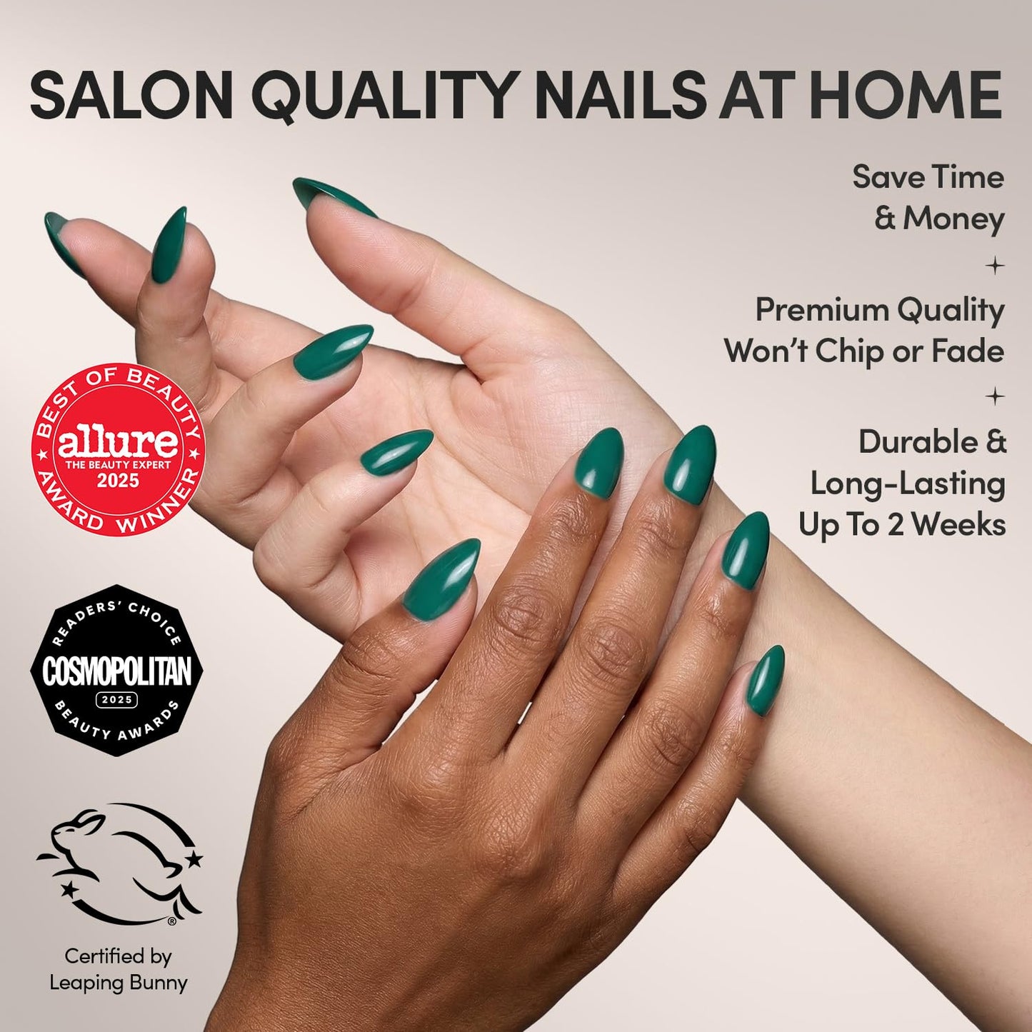 Glamnetic Press On Nails - Emerald Green | Opaque Cool Tone, Deep Emerald Green Short Almond Fake Nails, Salon Quality | 15 Sizes - 30 Nail Kit