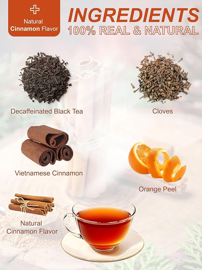 TeeLux Decaf Hot Cinnamon Black Tea, Decaffeinated Black Tea with Cinnamon, Clove, Spicy & Sweet Flavor, 100 Count