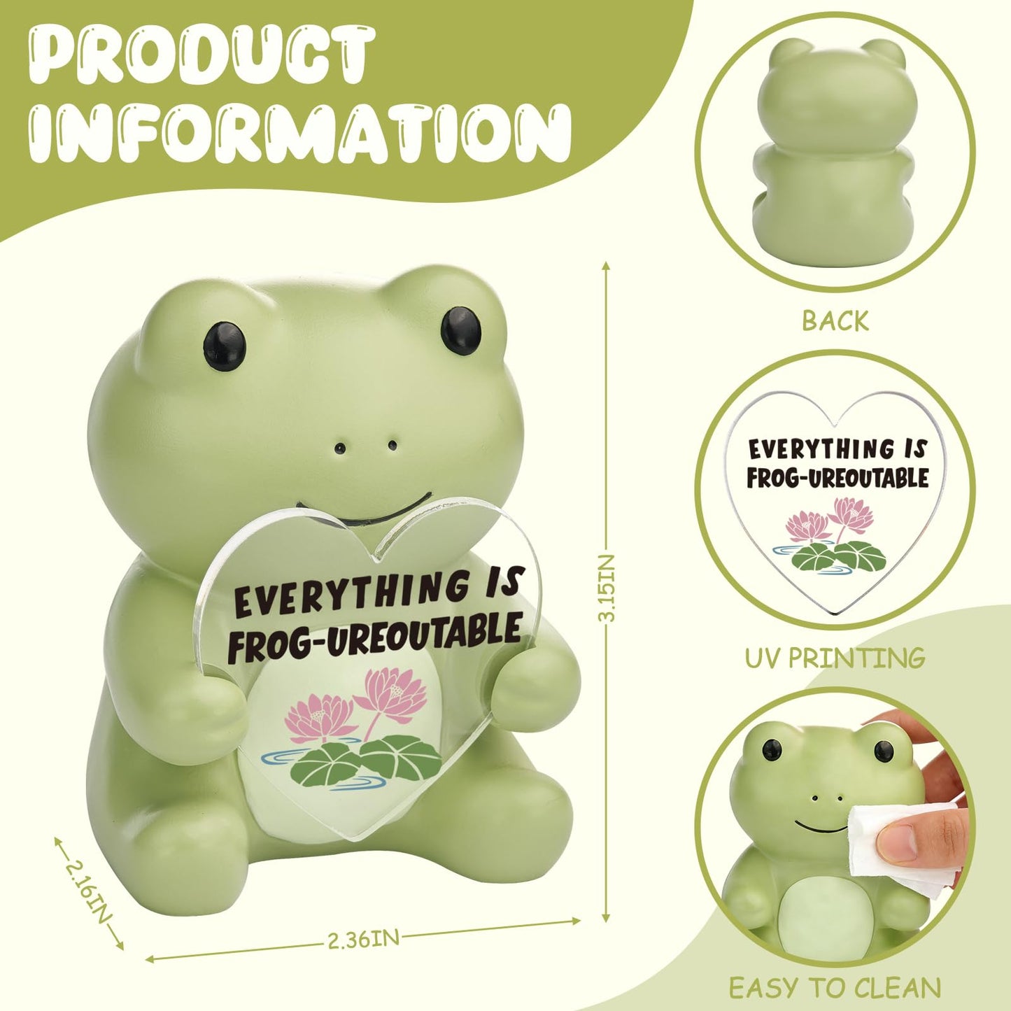 SOSREBEDR Cute Frog Heart Plaque - Everything is Frog-ureoutable Motivational Desk Decor, Funny Frog Pun Encouragement Gift, Unforgettable Positive Vibes Resin Figurine SDCU4