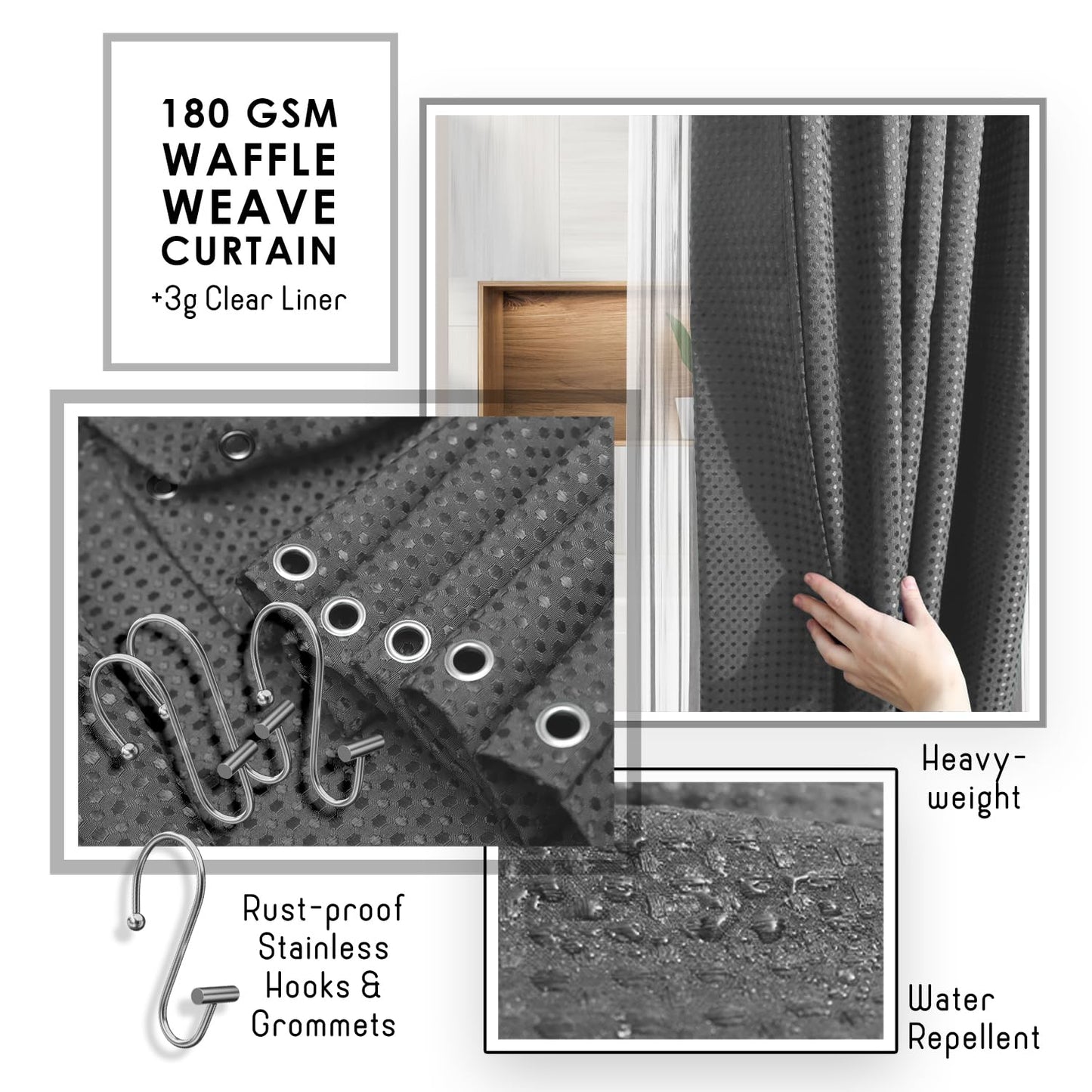 Clara Clark Bathroom Accessories Set - Bathroom Set, Bathroom Accessory Set, Shower Curtain Set, Toilet Brush, Trash Can & Soap Dispenser - Grey - 20PC