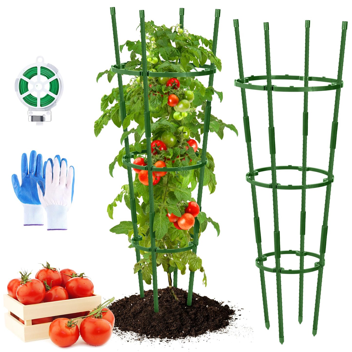 UJG 2-Pack 35 Inches Tomato Cages for Garden, Tomato Cage, Tomato Plant Support, Heavy-Duty Tomato Trellis with Height Adjustable Rings for Garden Climbing Plants with Twist Tie & Gloves