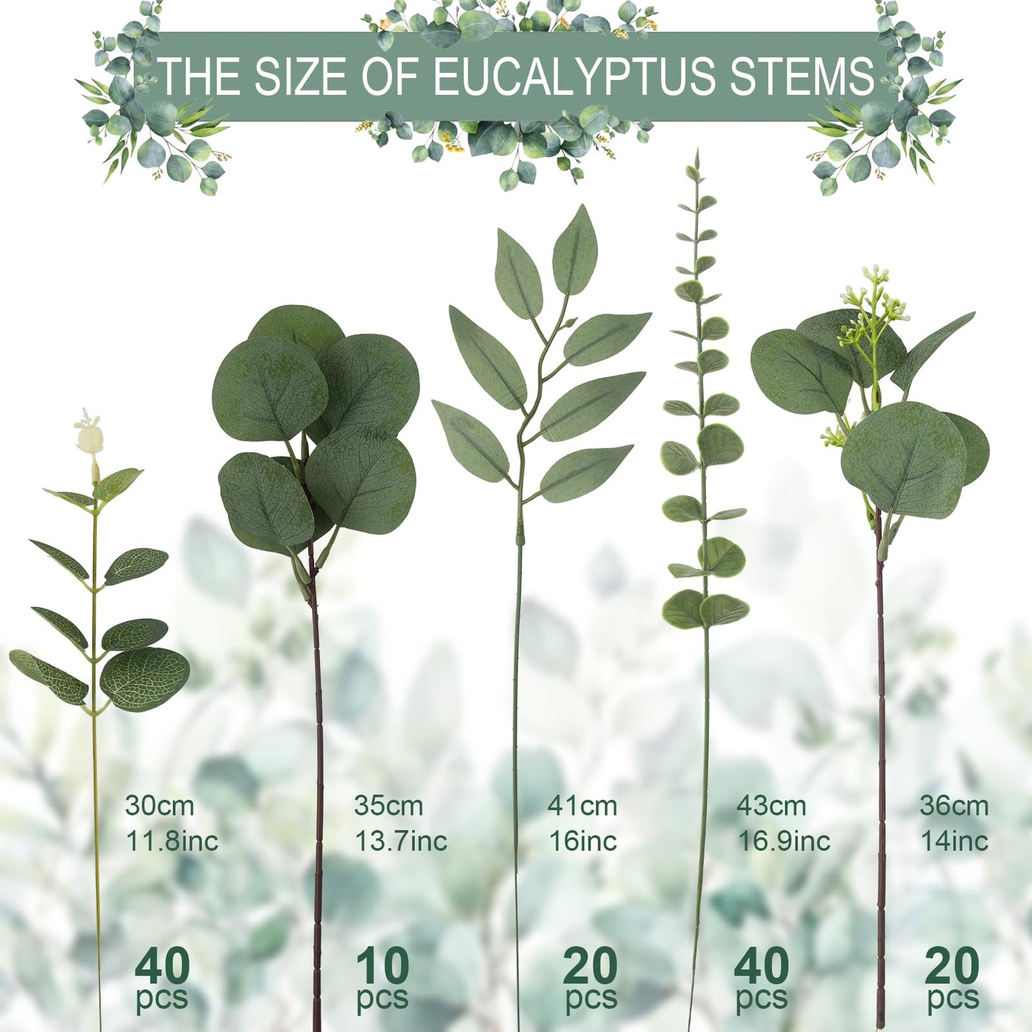 lovemoon 130 Pcs Artificial Mixed Eucalyptus Stems Bulk, 5 Kinds of Faux Greenery Eucalyptus Leaves Bulk for Vase Wedding DIY Bouquets Floral Arrangement Home Decor (130, Green)