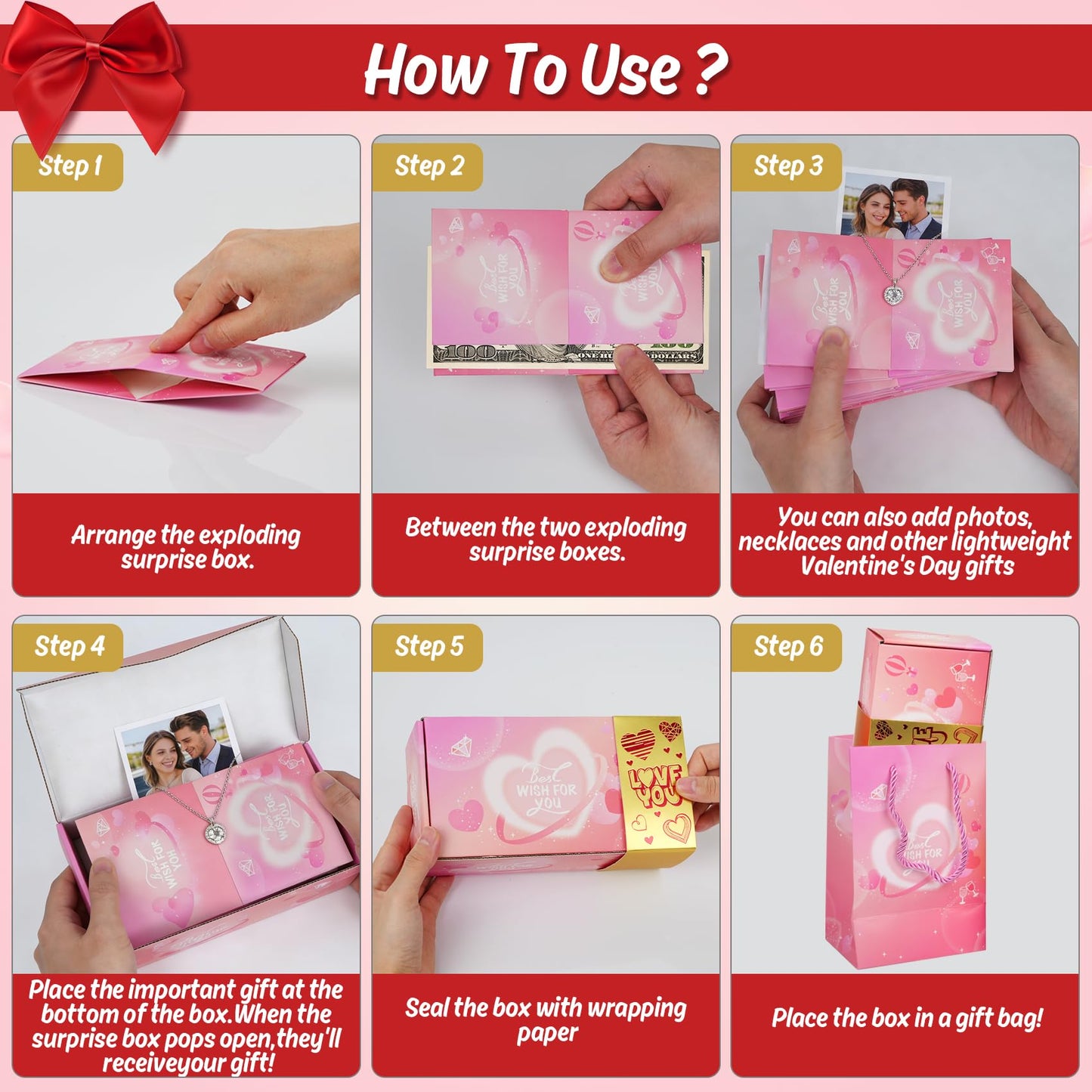 NefosLeuki Surprise Gift Box Explosion for Money,Valentines Pop-Up Explosion Gifts Box,Folding Bounce Box for Valentine's Day,Birthday,Anniversary(Pink-20 Bounces)