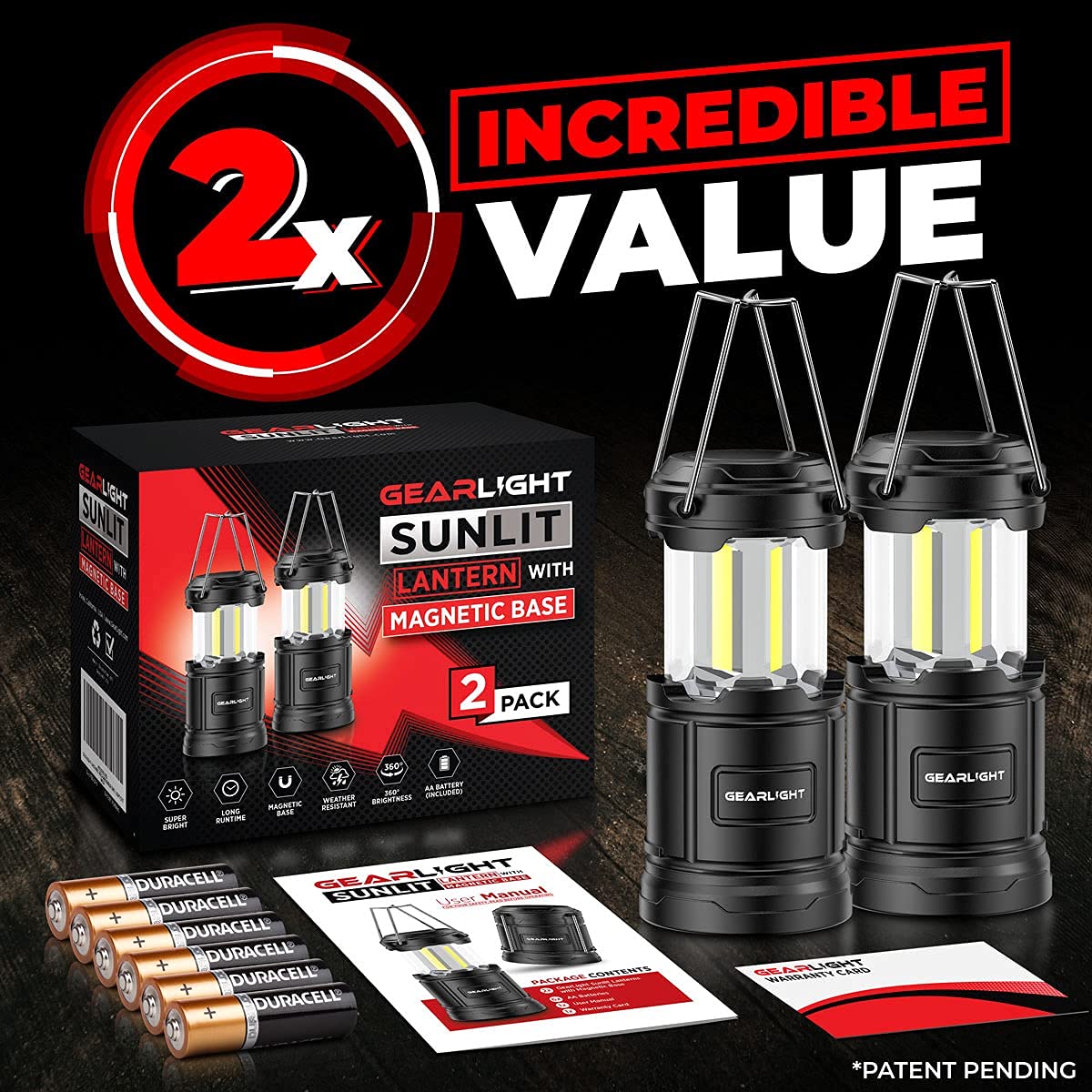 GearLight Camping Lantern - 2 Portable LED Battery Powered Lantern with Magnetic Base and Foldable Hook for Emergency Use or Campsites, Essential Hurricane Survival Kit with Batteries - Black