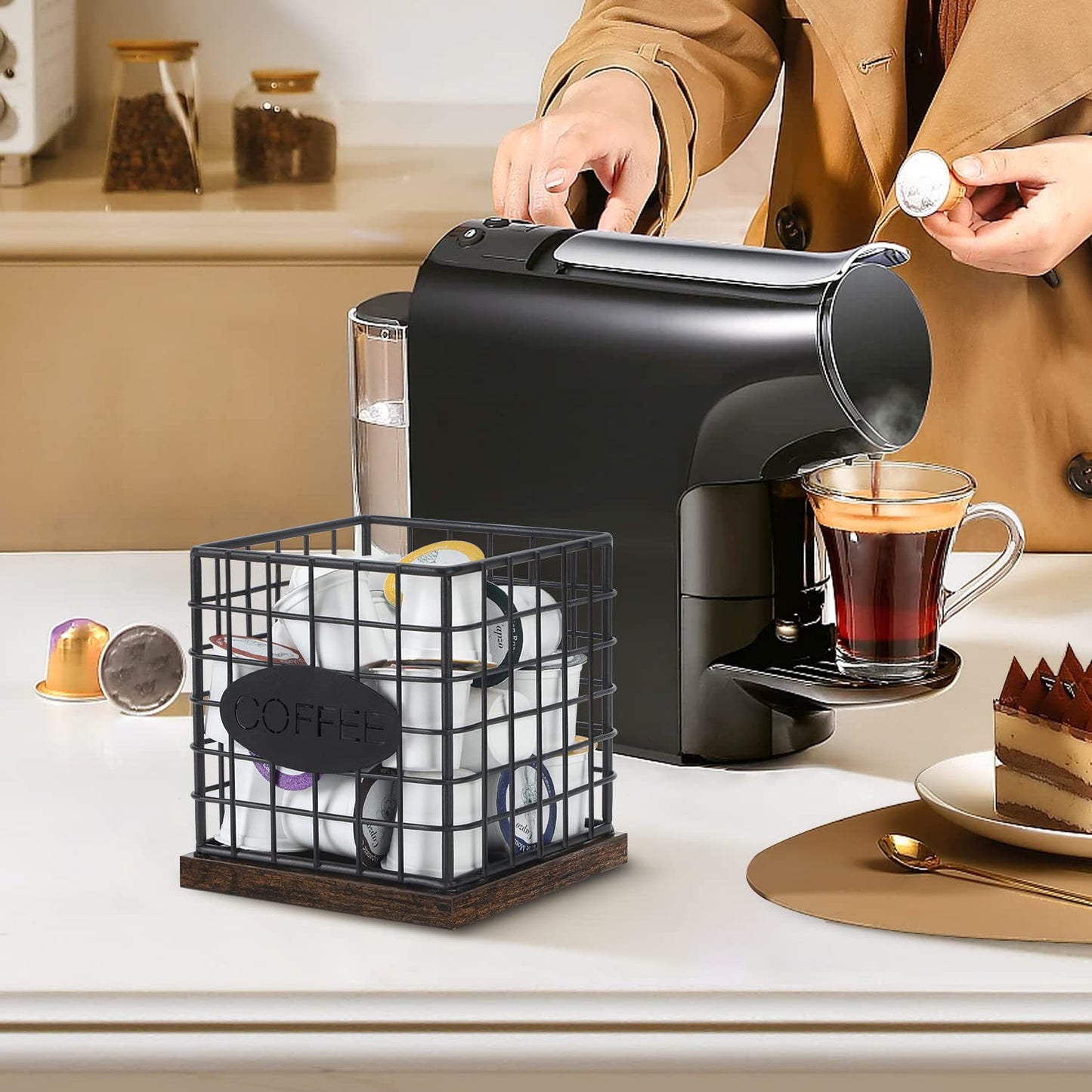 YINMIT K Cup Holder Organizer, Sturdy Coffee Pod Holder Organizer, 35 Kcup Large Capacity Storage Basket for Kitchen Counter and Office Desktop (Square Grid)