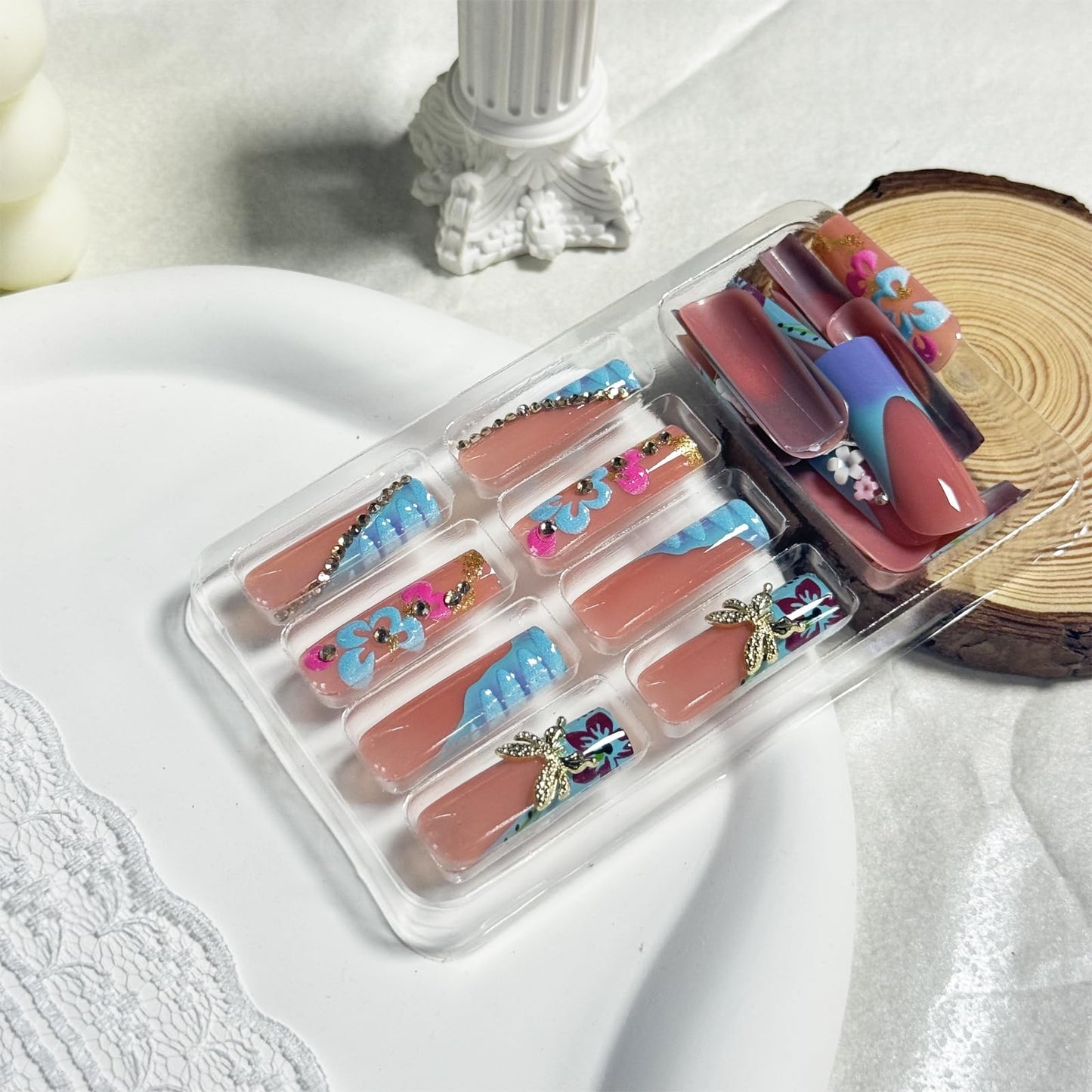 IMRAIN Press on Nails Long Square Fake Nails Blue Purple Flower Acrylic False Nails with Butterfly Rhinestone Designs Glossy Luxury Handmade Glue on Nails