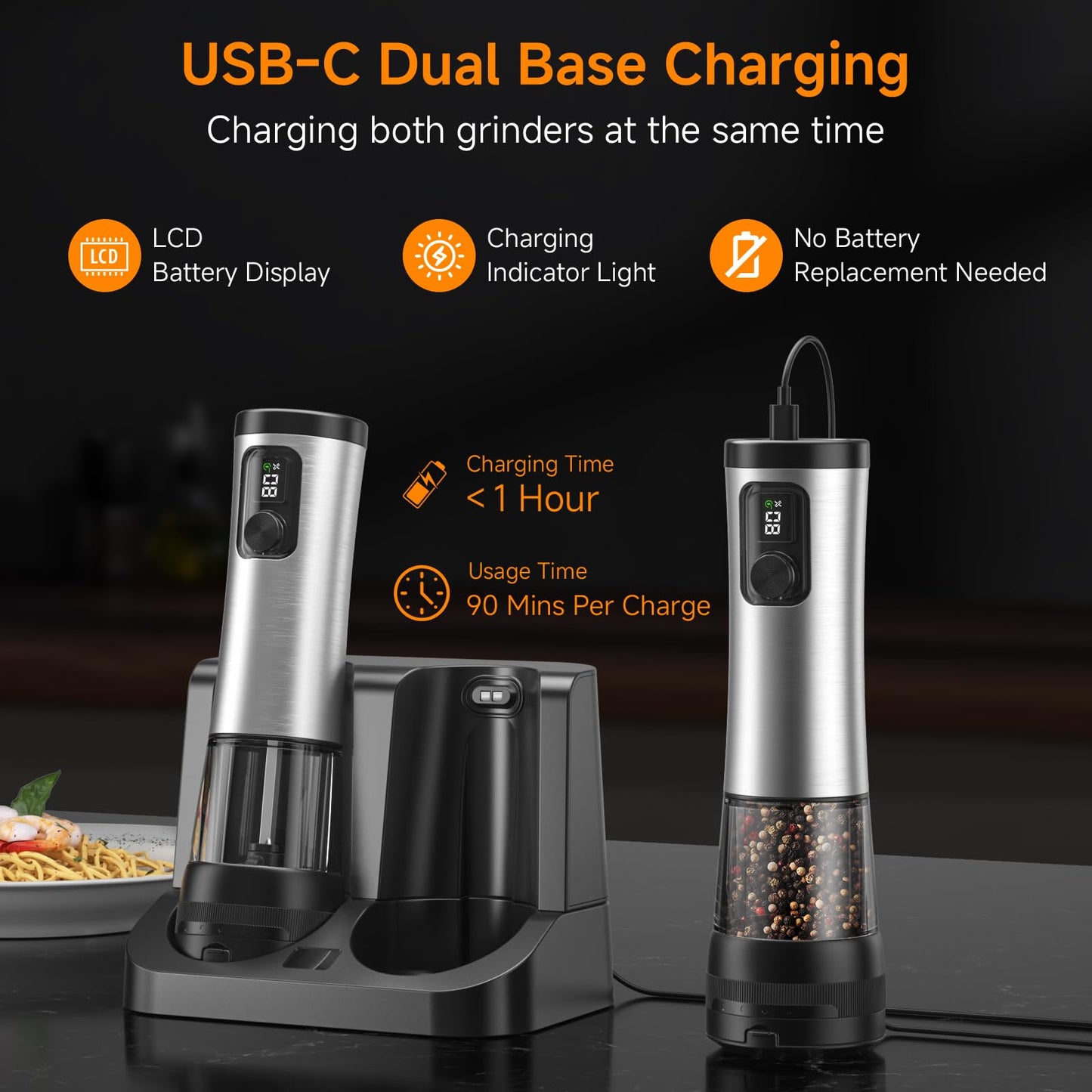 Electric Salt and Pepper Grinder Set,2 Pack Rechargeable Automatic Pepper Mill,with Charging Base,5 Level,Display,LED Lighting,Large Capacity,Kitchen Gift (2, Stainless steel, Charging Base)