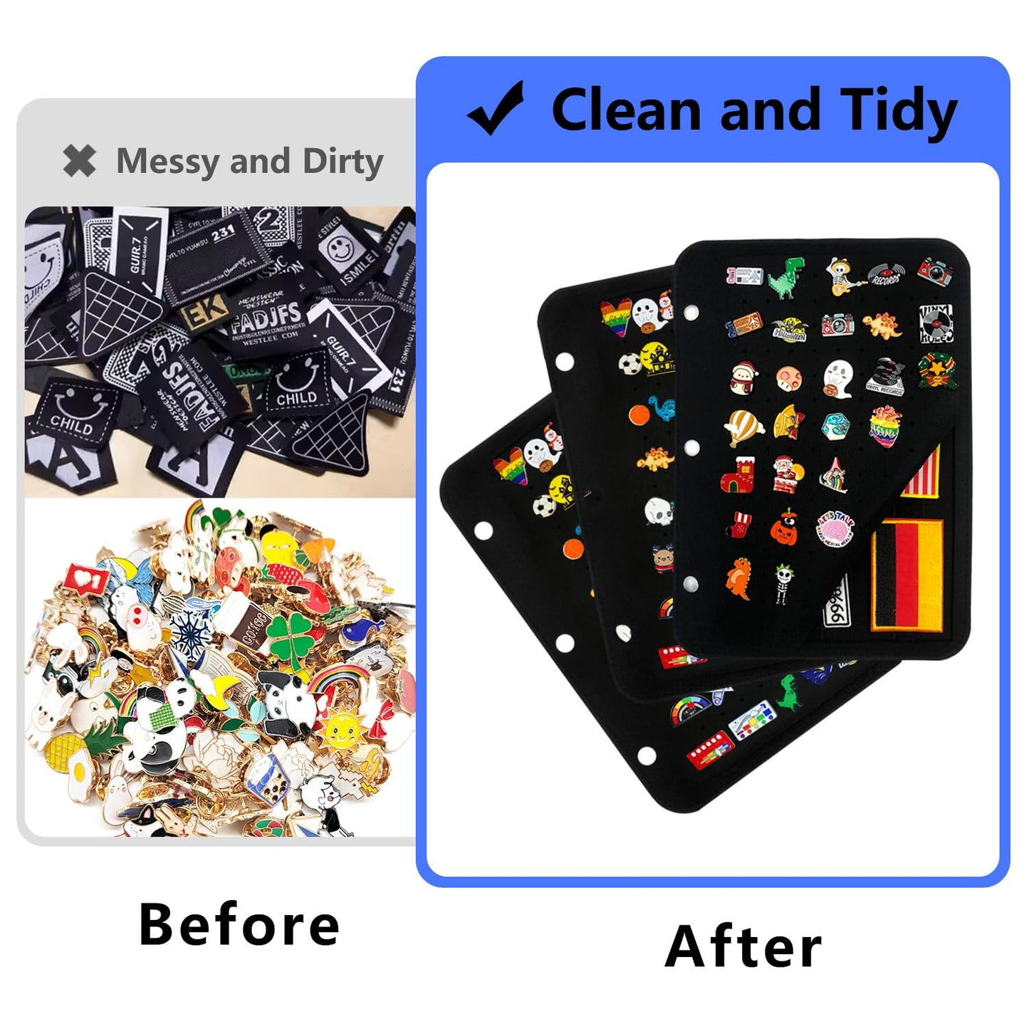 Mi Ya Mi Lai Extra Large Pin Display Book for Collectors,Portable 3 Ring Binder,Double Sided Felt Pages,Holds 300+ Pins & 50 Patches, Detachable Organizer (Black)