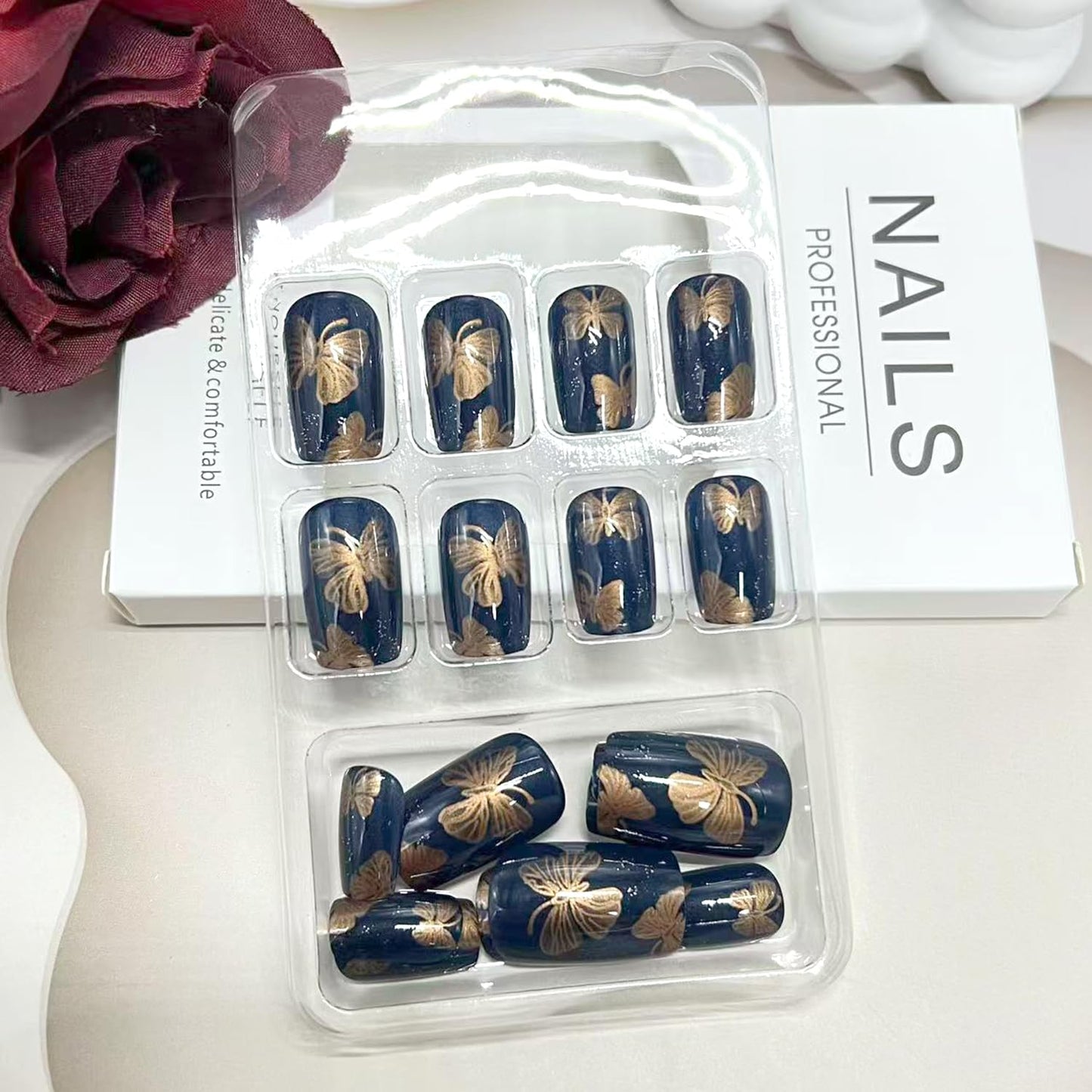 Vopintpy Gold Butterfly Press on Nails Medium Square Fake Nails with Design Glossy Acrylic Glue on Nail Reusable Full Cover Artificial Stick on Nail for Women DIY Manicure