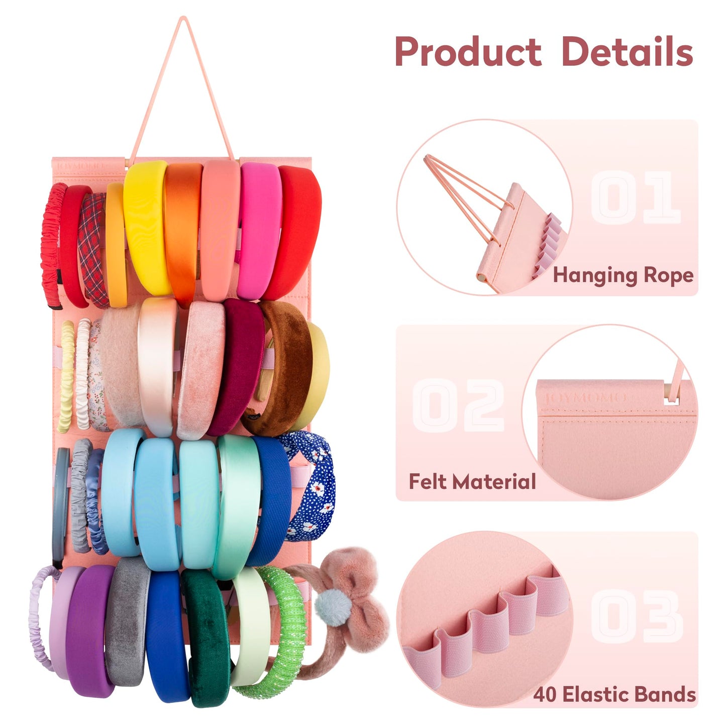 JOYMOMO Hanging Headband Holder for Girls, Felt Headband Organizer with 40 Slots (Pink)