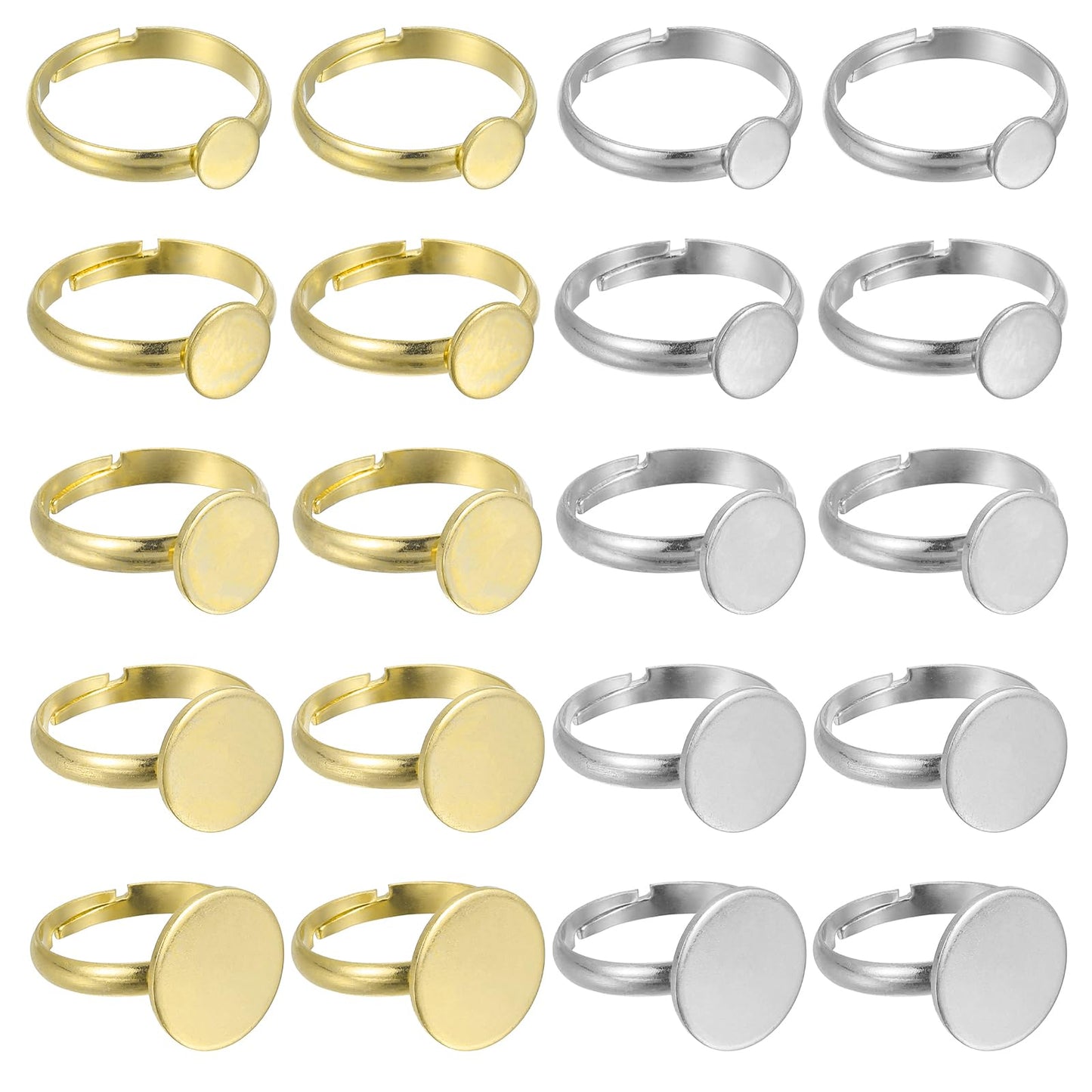 MECCANIXITY 20Pcs Metal Ring Base Blank, 6/8/20/12/14mm Adjustable Pad Cabochon Ring Blank Base Flat Bezel Tray for Jewelry Making Finding DIY Craft, Silver/Gold