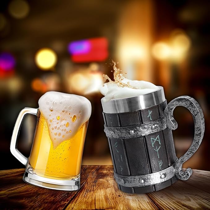 Nordic Viking Rune Beer Mug, Resin Beer Stein Tankard Cup Stainless Steel Wooden Coffee Cool Mug Viking Gift for Men Beer Cup Stein