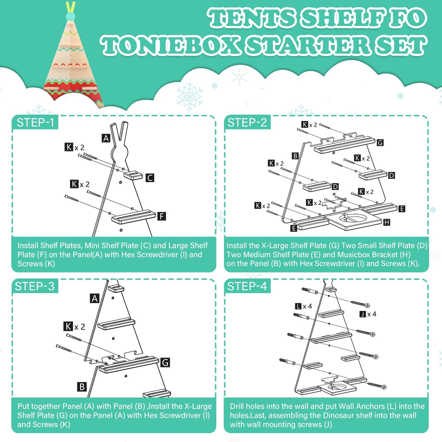 RZYLKA Tent for Tonies Box 1/2 Tonies Figures Organizer Storage Shelf Wall Mounted, Magnetic Display Collection 30~40 Characters Floating Shelves Storage Player