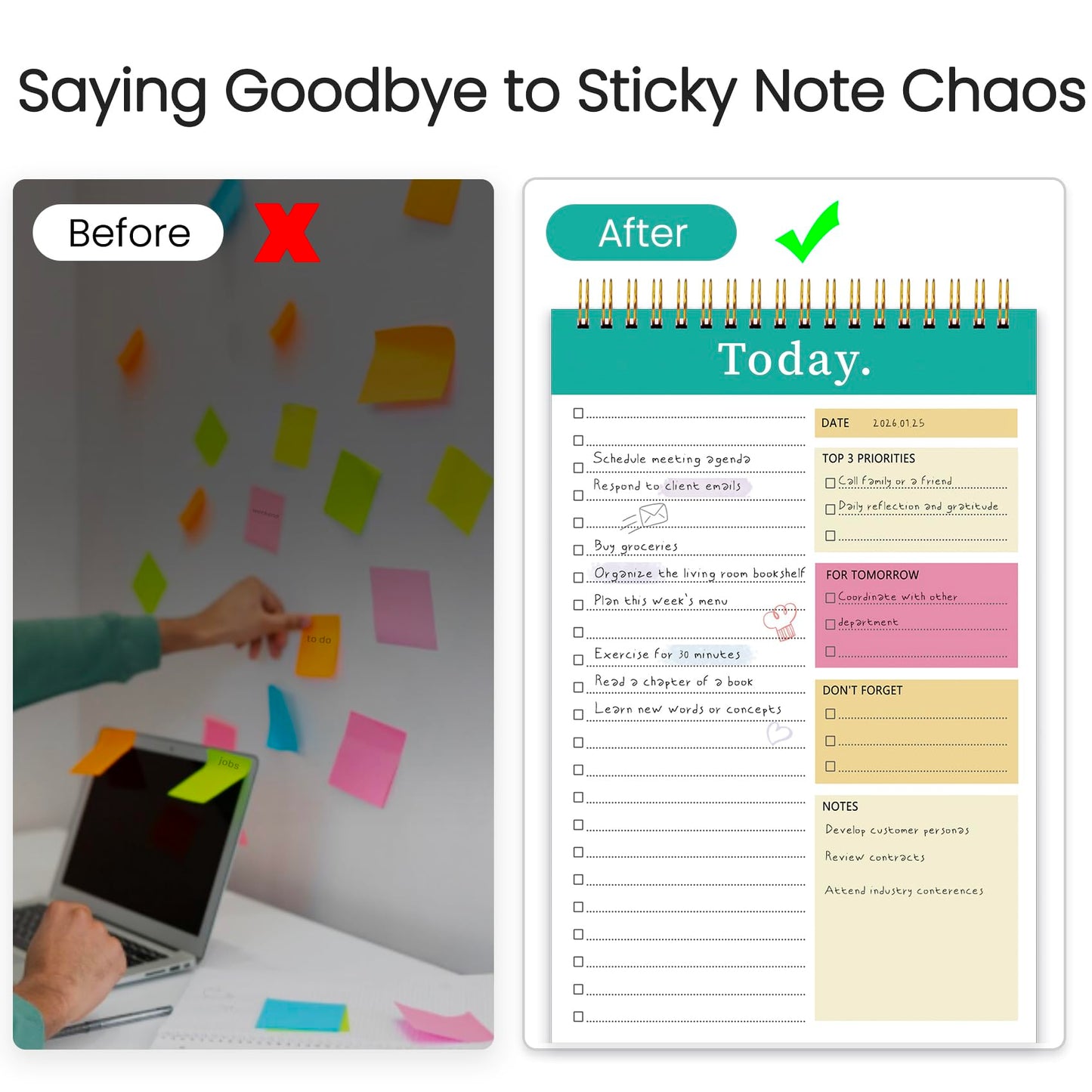 CICPAP To Do List Notepad - To Do List Notebook for Work with 52 Sheets, Undated Daily Planner Perfect for Enhanced Productivity and Goal Achievement - Green Pink