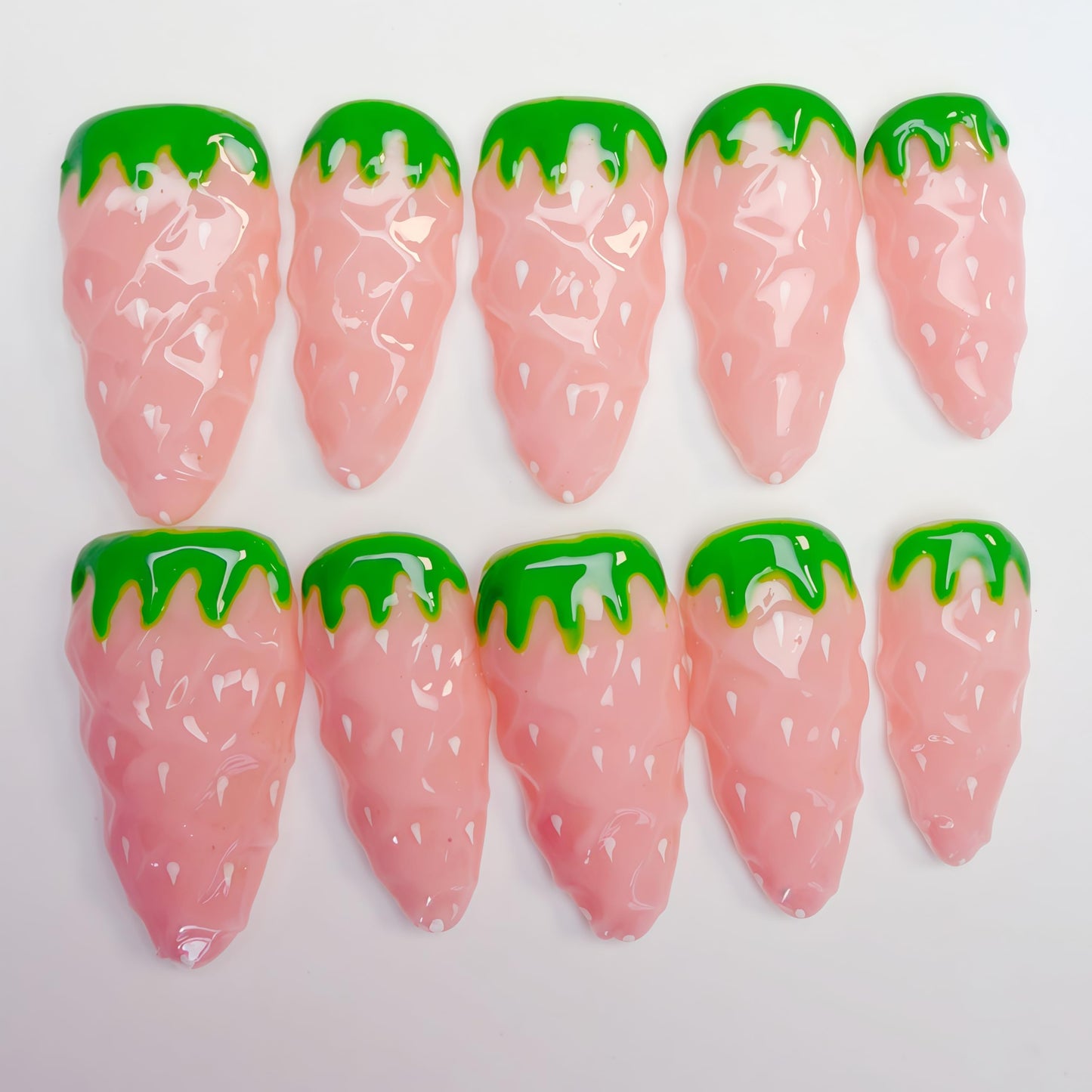 Handcrafted Press On Nails Cute Strawberry Pink Theme Fresh Fruit Pattern 100% Handmade Realistic Artistic Fake Nails Gifts For Women (Pink Strawberry, Medium M)