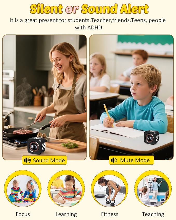Pomodoro Timer Cube Visual Productivity Flip Timer for Kids Classroom Desk, 5/10/25/50min&Custom Countdown, Silent&Sound Mode Digital Cube for ADHD Study Work School Game Kitchen (Black)