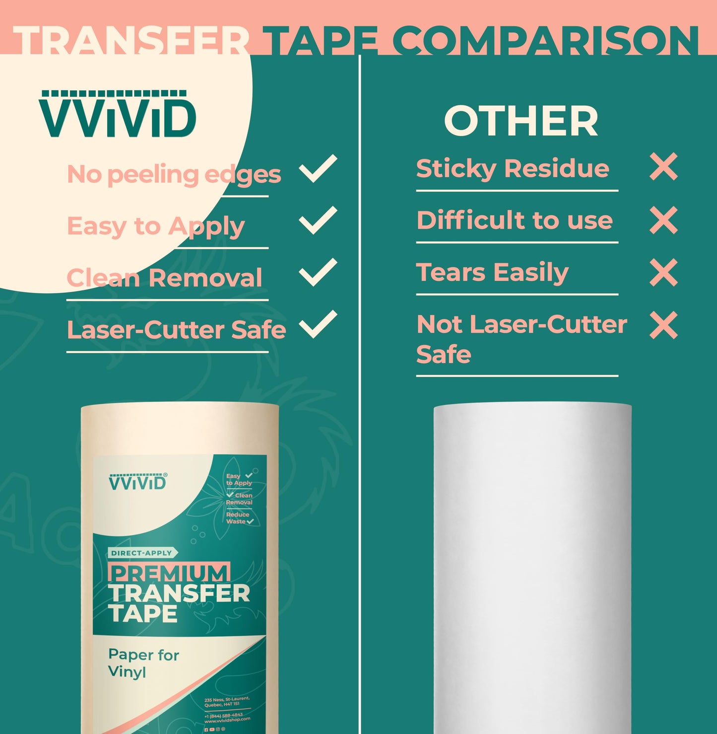 VViViD Premium Direct-Apply Medium Tack Transfer Tape for Crafting Vinyl, 12” x 100’ Easy-Apply Paper for Cricut, Sillhouette, Decals and Lettering