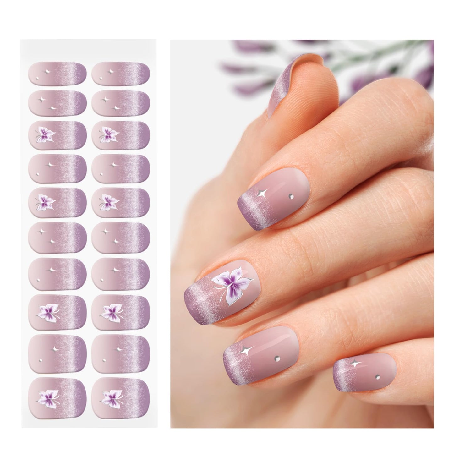 OAUEE Semi Cured Gel Nail Strips | Gel Nail Stickers with UV Light Required | Salon Quality, Easy Application and Removal（Purple Butterfly Cat's Eye）