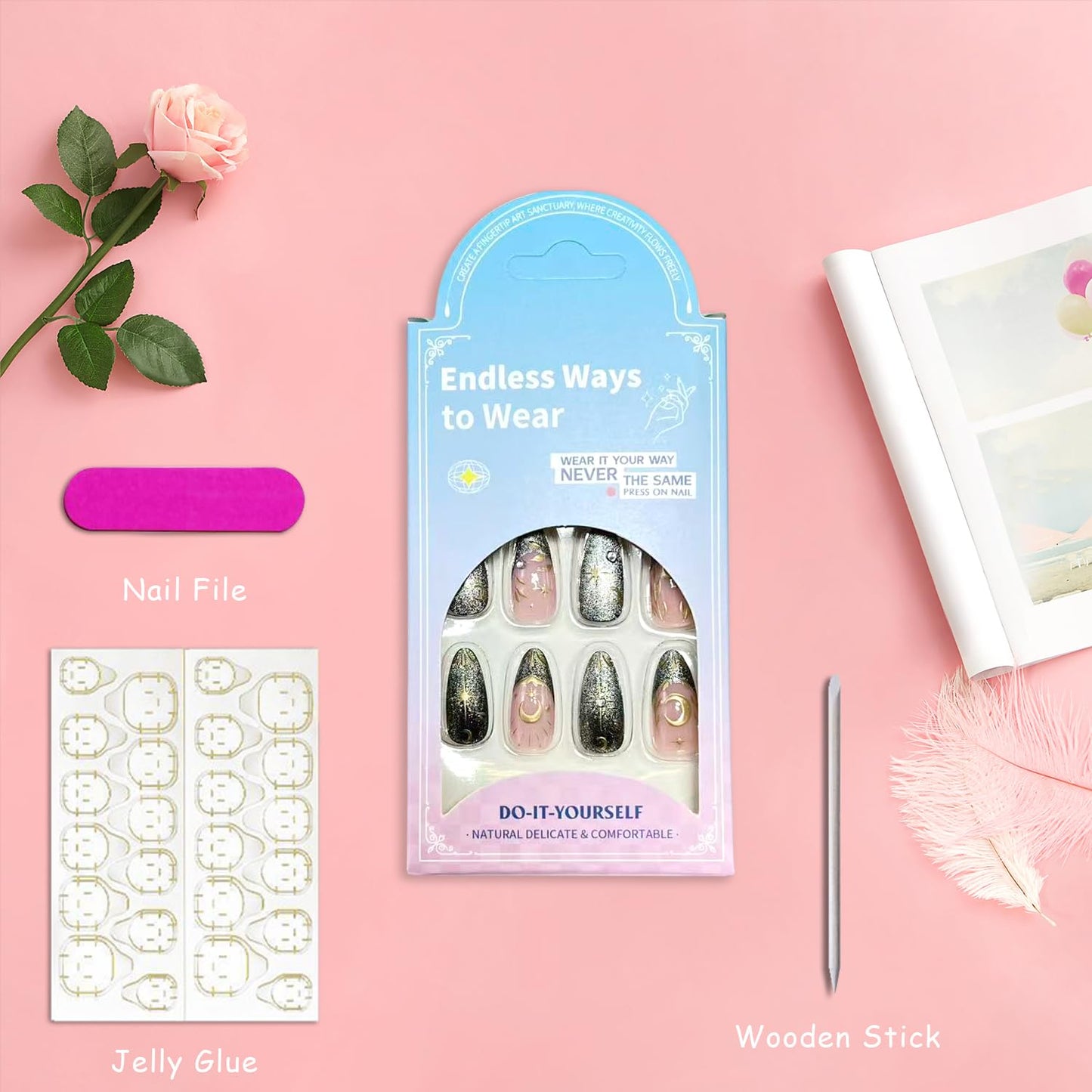 3D Gold Star Moon Press on Nails Rhinestones French Tip Fake Nails with Leaf Design Long Almond Acrylic False Nail Mirror Full Cover Glue on Nail for Women