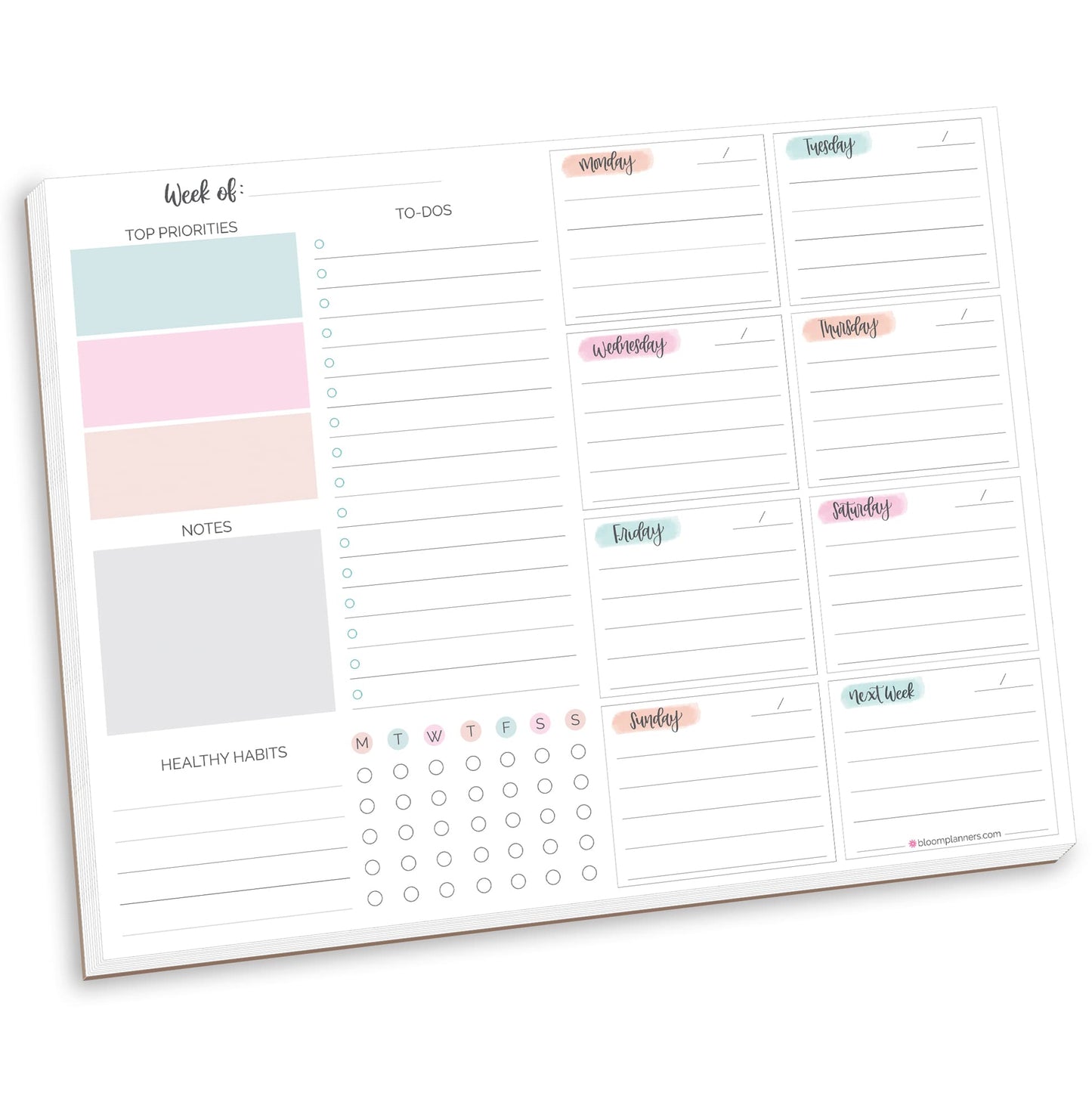 bloom daily planners Horizontal Weekly To Do List Notepad with 60 Undated Sheets - Weekly Desk Planner or Chore Pad with Priorities & Habit Tracker - 8.5” x 11” - Pastel