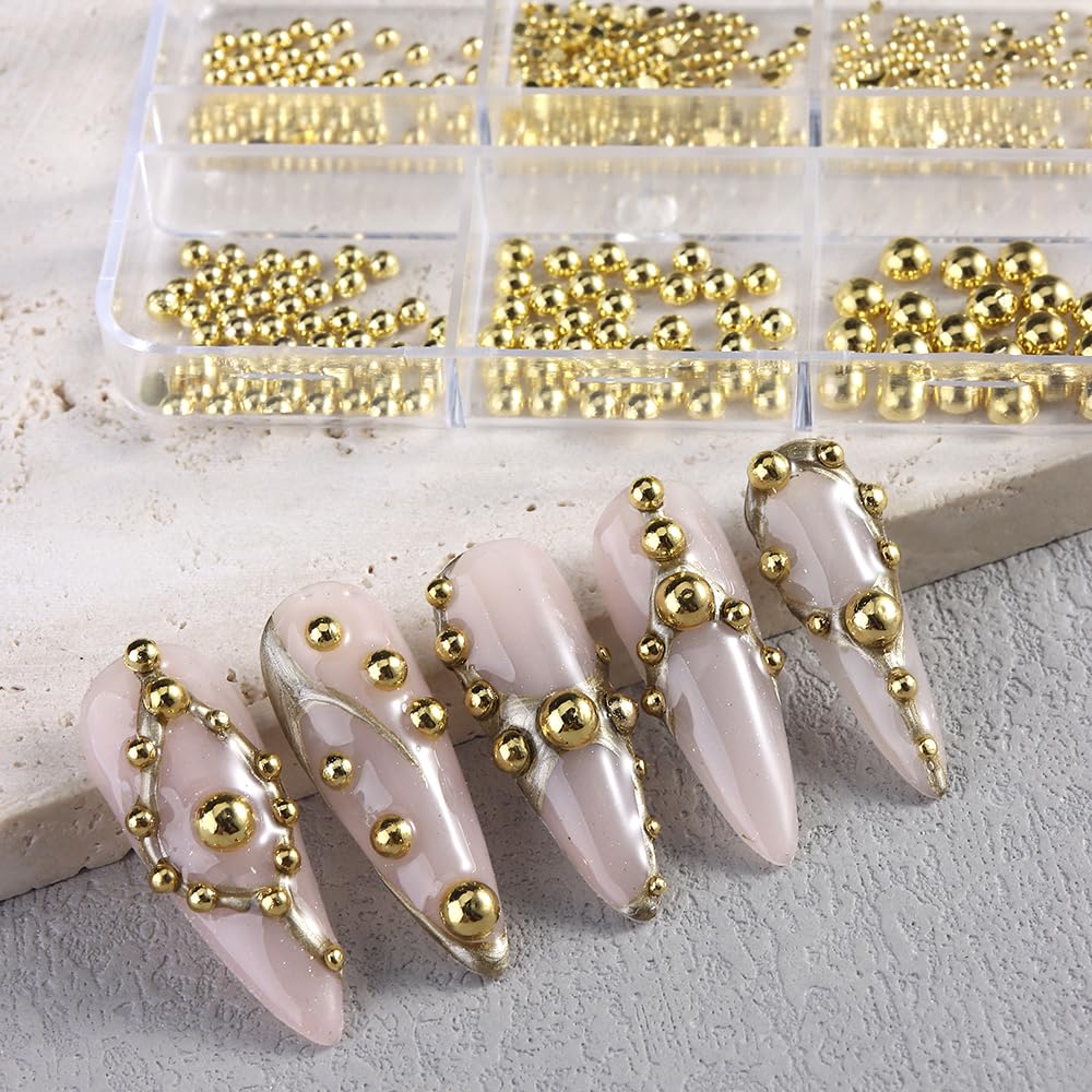 4 Boxes Mixed Sizes Flat Back Steel Beads 3D Nail Charms Kit, Gold Silver Rose Gold Black Half Round Metal Caviar Beads Balls with Pickup Tweezers Manicure DIY Crafts Decorations