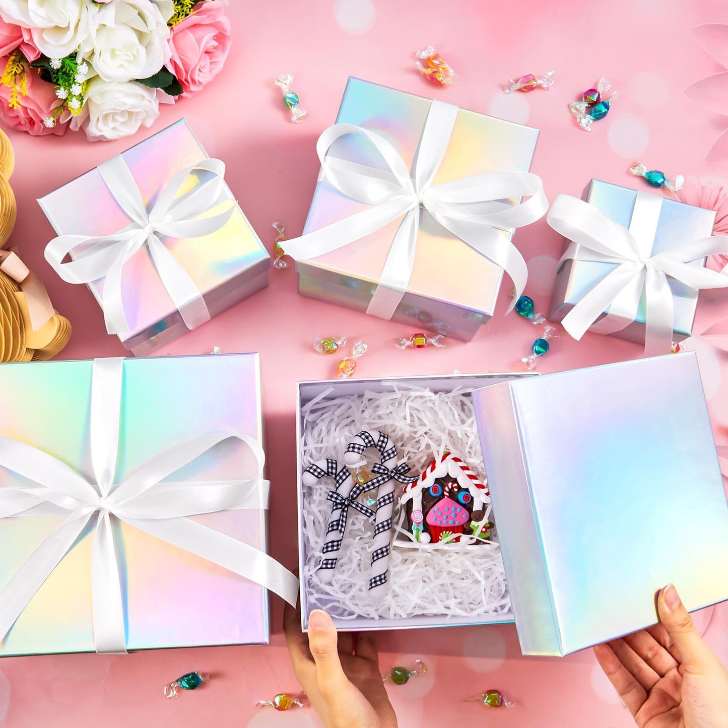 Fulmoon 5 Pack Holographic Silver Square Nesting Gift Boxes with Lids Set Assorted Sizes 8in 7in 6in 5in 4in with Ribbon for Wedding Graduation Birthday Presents Keepsake