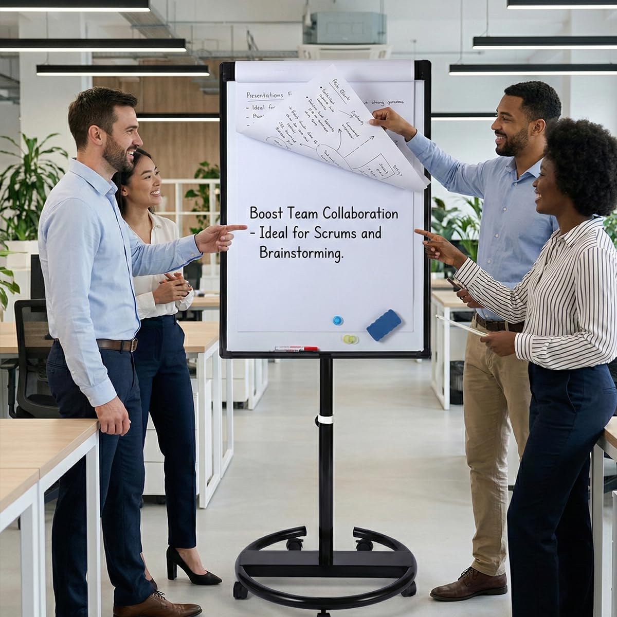 DexBoard 40 X 28 Inch Mobile Magnetic Whiteboard on Wheels, Rolling Dry Erase Board Easel on Height Adjustable Stand with Flipchart Paper Pad (25 Sheets) for Class Teaching, Office Meeting & Workshops