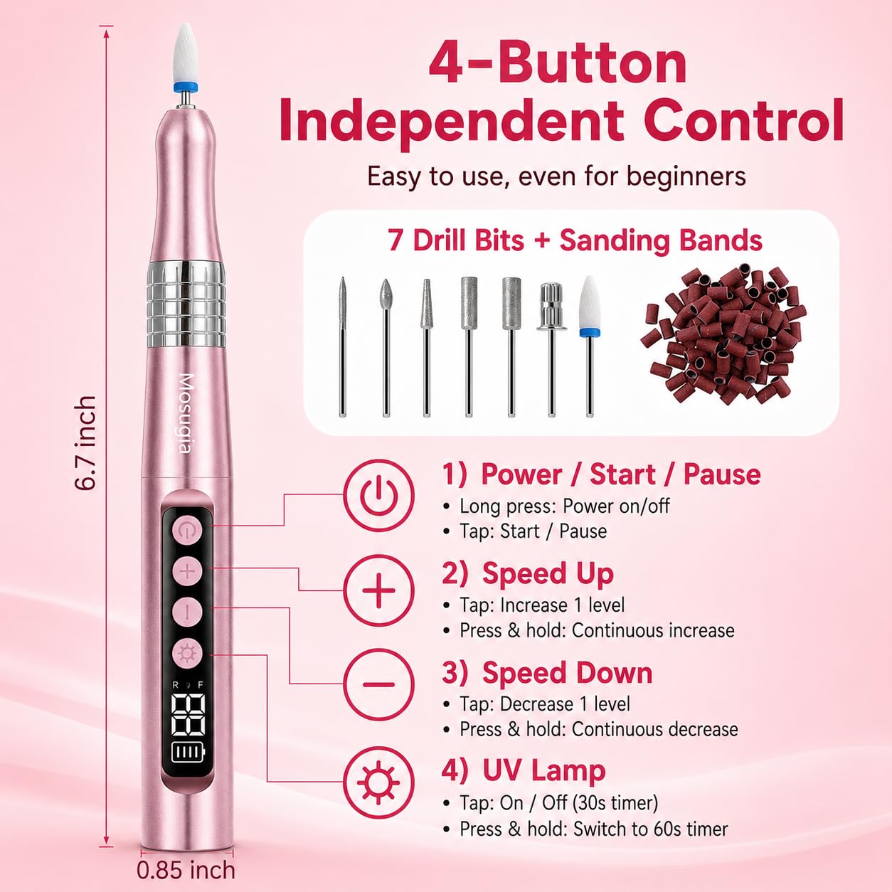 Cordless Nail Drill 35000RPM, Electric Nail File Kit with UV Light, Portable Nail Tools with Compact Design for Acrylic Gel Nails, Manicure Polishing, Shaping & Gel Removal at Home for Beginners, Pink