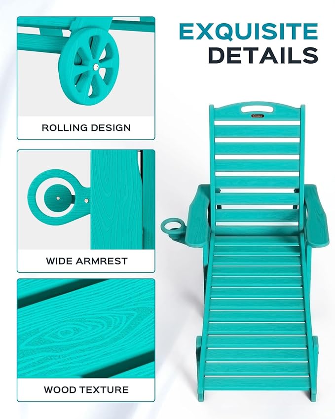 Lounge Chair Outdoor, Oversized Chaise Lounge Chair with 5 Positions, HDPE, Patio Lounge Chair with Wheels & Cup Holder for Pool, Deck, Poolside, Lake Blue