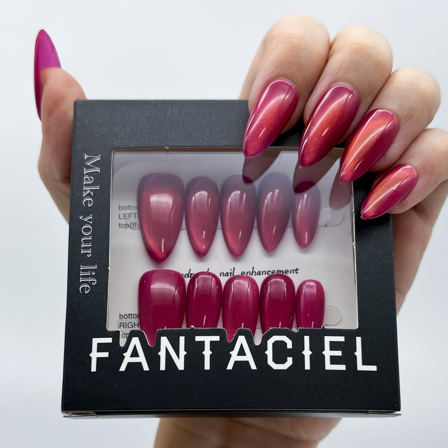 FANTACIEL 10 PCS Handemade Press On Nails Cat Eye Design Acrylic Nails Reusable Almond Fake Nails Strawberry Almond L