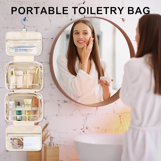 TOPEAST Hanging Toiletry Bag for Women - Travel Toiletry Bag Makeup Bag, Portable Toiletries Cosmetic Bag, Airplane Travel Essentials - Letter N, Blue
