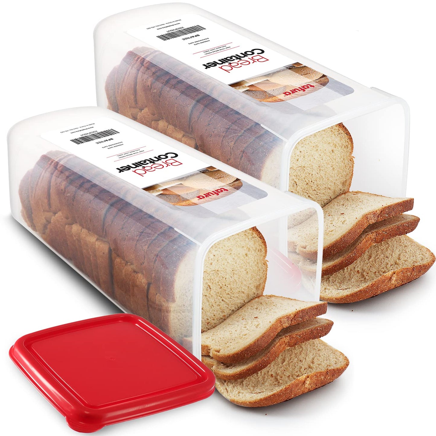 Tafura Bread Container - 2 Pack BPA Free Plastic Bread Box - Container/Holder for Homemade Loaves and Baked Goods with Red Airtight Lid