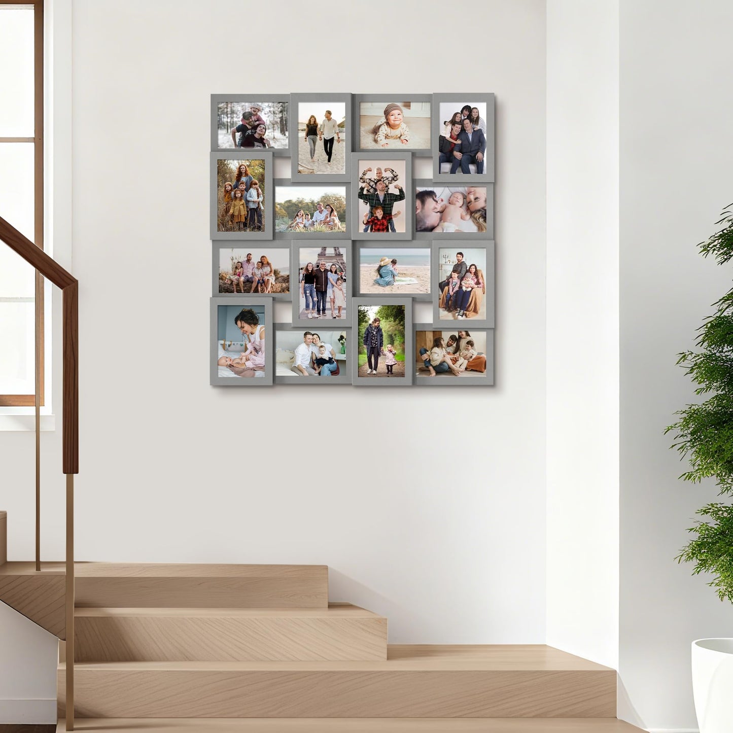 J.M.Deco Collage Picture Frames for Wall 16 Opening, Large Photo Frame Collage Wall Hanging for 4x6 Photo, Reunion Friends Family Memory, Christmas Gift - Grey