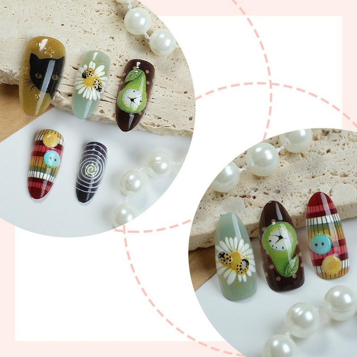 Medium Almond Press on Nails SWEKKE Floral Fake Nails Cute False Nails with Cat Strawberry Bee Designs Funny Glossy Glue on Nails Stick on Nails for Women Girls 30Pcs