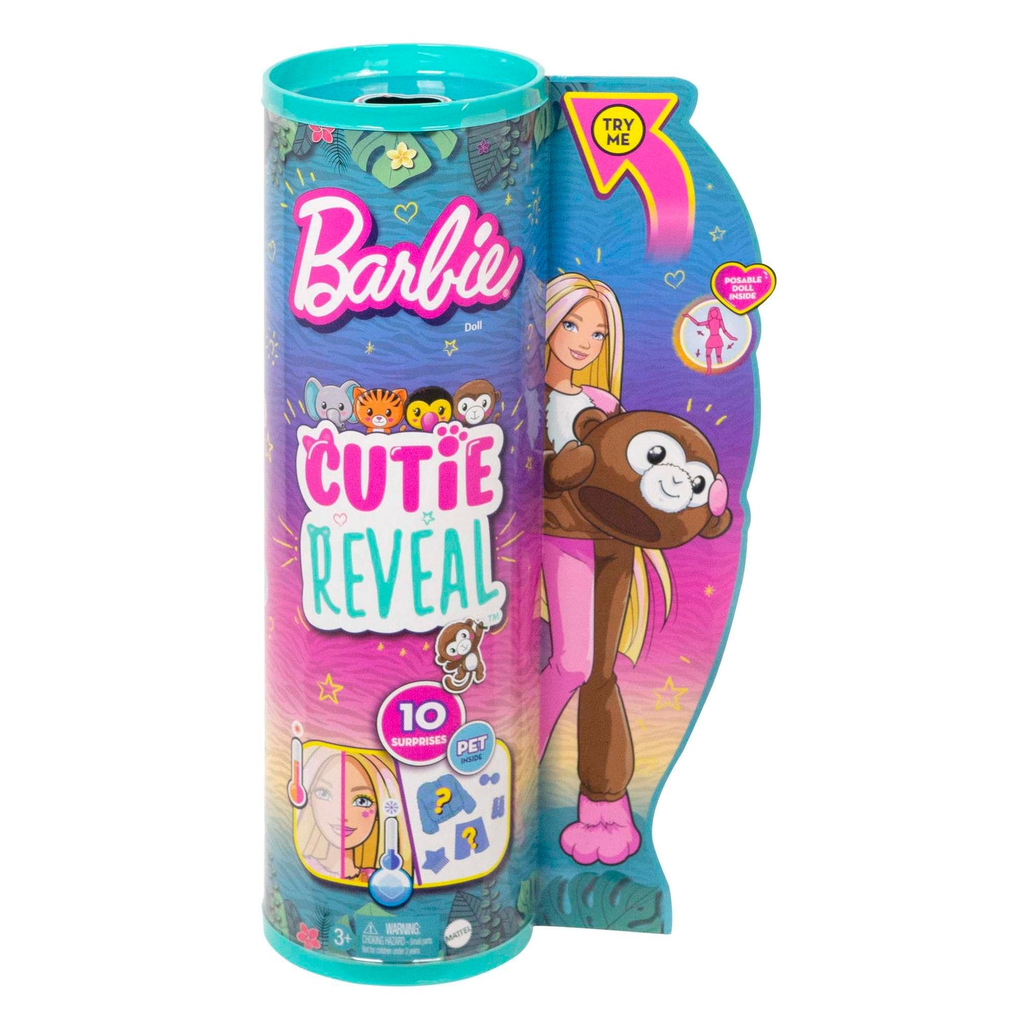 Barbie Cutie Reveal Fashion Doll, Jungle Series Monkey Plush Costume, 10 Surprises Including Mini Pet & Color Change