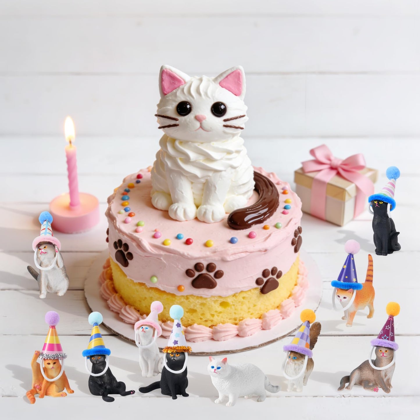 FCKLVMC 20 Pcs Miniature Cat Figurines with Birthday Hats Kit, Resin Tiny Cat Figurines Cake Toppers for Birthday Cat Cake Party Decorations