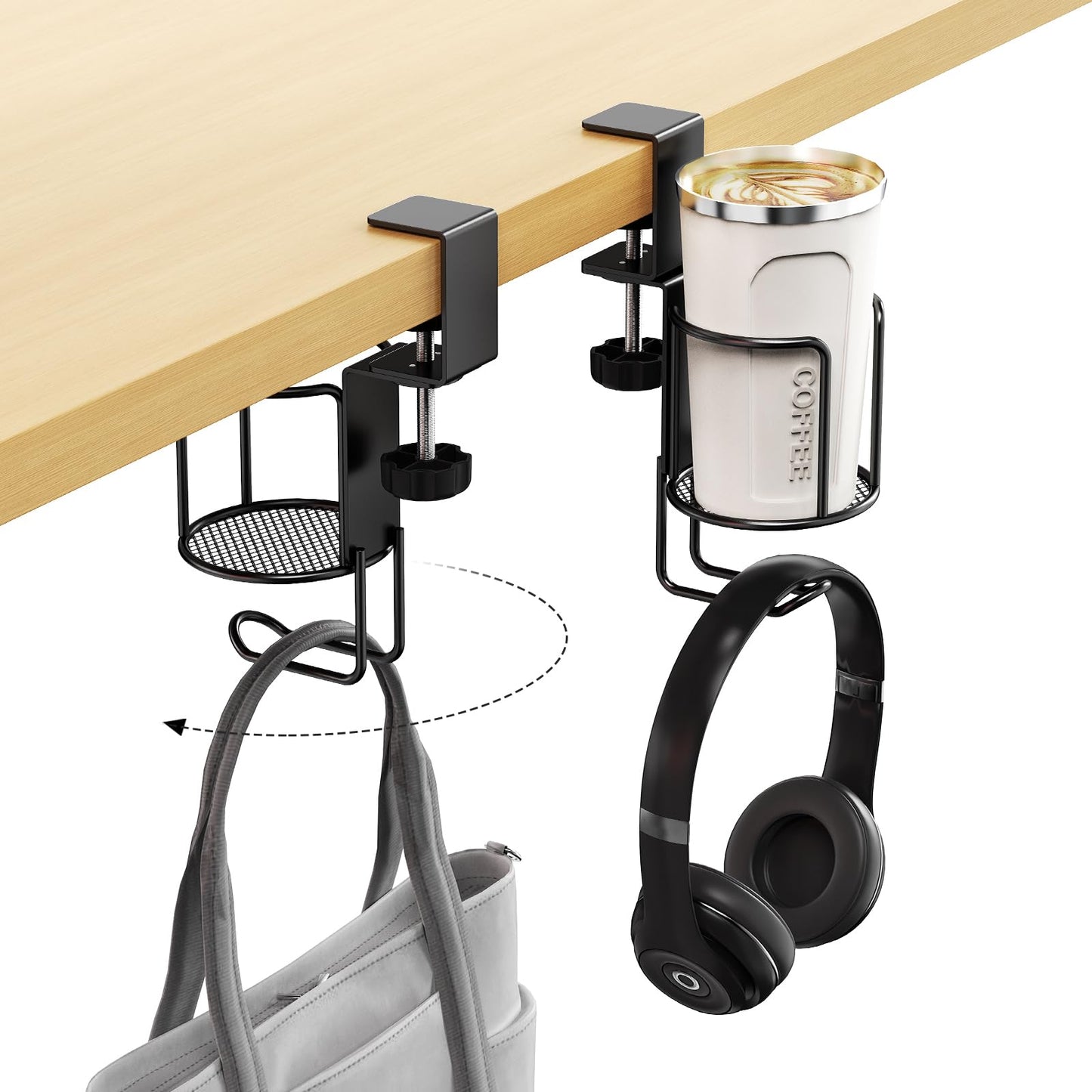CABTE 2 Pack 2 in 1 Desk Mug Hooks with Headphone Hanger Holder, Anti-Spill Clip-On Table Mug Hooks with 360° Rotation for Lawn Chair, Office Home Gaming Table